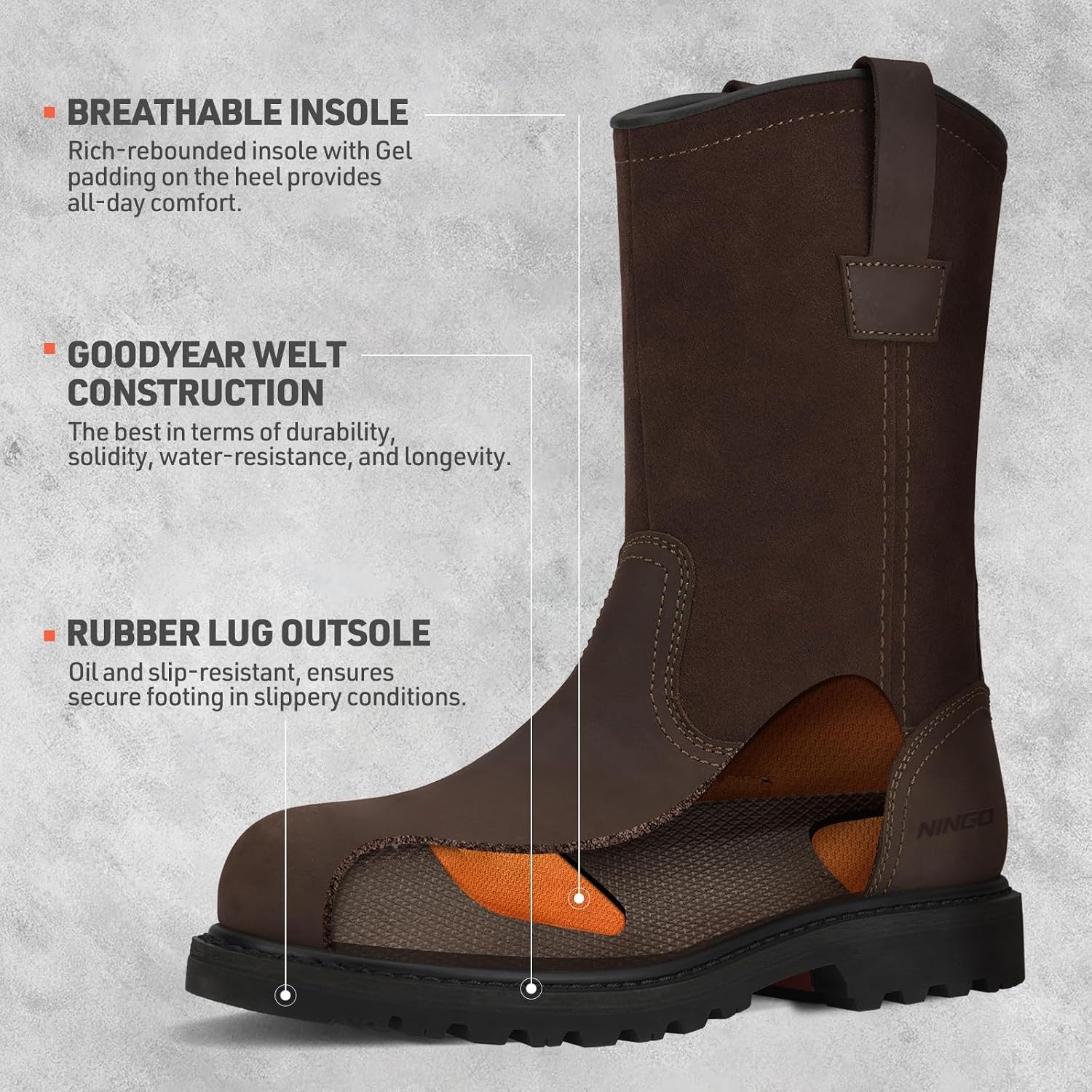 image:imageHISEA NINGO Steel Toe Work Boots for Men Waterproof Slip on Wellington Boots with Fullgrain Leather Oil and Slip Resistant Soft Toe Pull on Safety Boots for Men for Construction Working WeldingSoft Toe Dark Brown