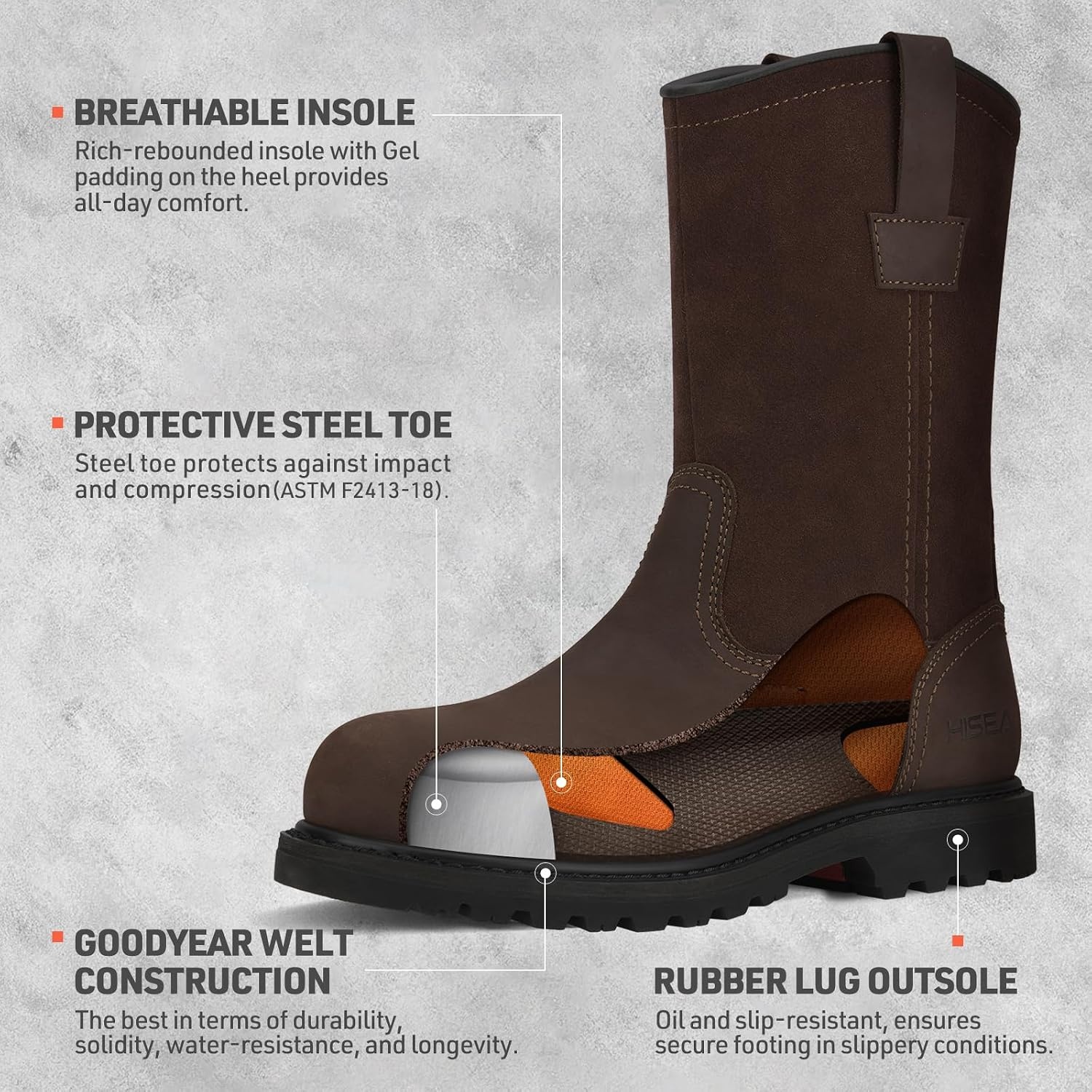image:imageHISEA NINGO Steel Toe Work Boots for Men Waterproof Slip on Wellington Boots with Fullgrain Leather Oil and Slip Resistant Soft Toe Pull on Safety Boots for Men for Construction Working WeldingWaterproof Steel Toe Dark Brown