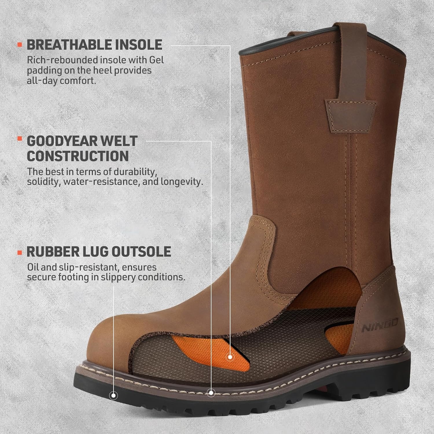 image:imageHISEA NINGO Steel Toe Work Boots for Men Waterproof Slip on Wellington Boots with Fullgrain Leather Oil and Slip Resistant Soft Toe Pull on Safety Boots for Men for Construction Working WeldingSoft Toe Light Brown