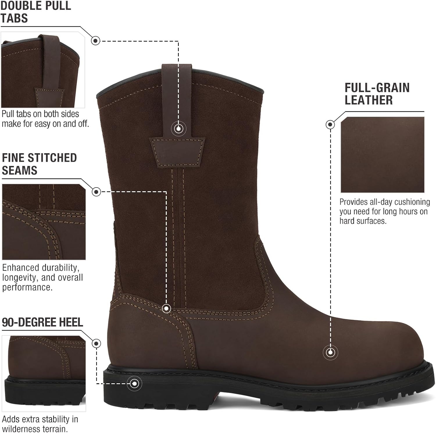 image:imageHISEA NINGO Steel Toe Work Boots for Men Waterproof Slip on Wellington Boots with Fullgrain Leather Oil and Slip Resistant Soft Toe Pull on Safety Boots for Men for Construction Working WeldingSoft Toe Dark Brown