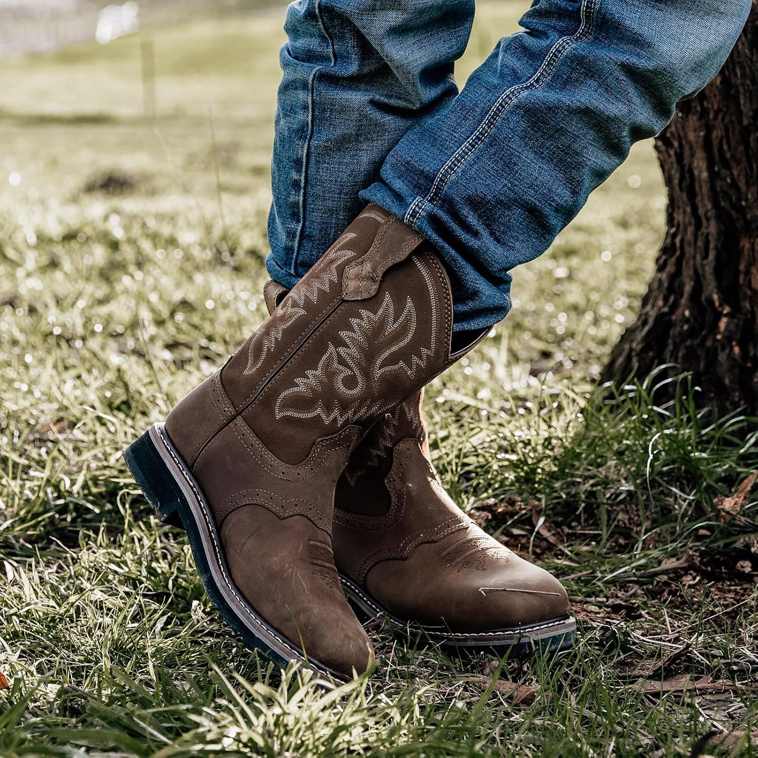 image:imageHISEA NINGO Steel Toe Work Boots for Men Waterproof Square Toe Cowboy Boots Slip on Comfortable Soft Toe Pull on Western Safety Work Shoes for Construction Industrial Working Welding Riding BrownDark Brown 1