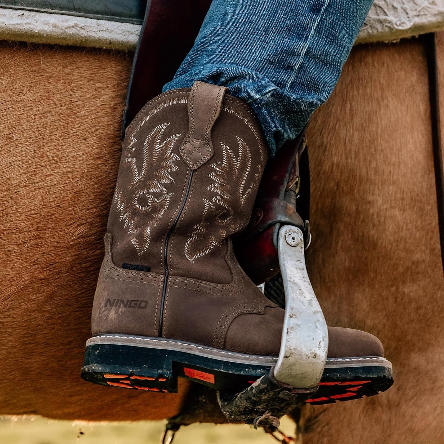 image:imageHISEA NINGO Steel Toe Work Boots for Men Waterproof Square Toe Cowboy Boots Slip on Comfortable Soft Toe Pull on Western Safety Work Shoes for Construction Industrial Working Welding Riding BrownDark Brown 1