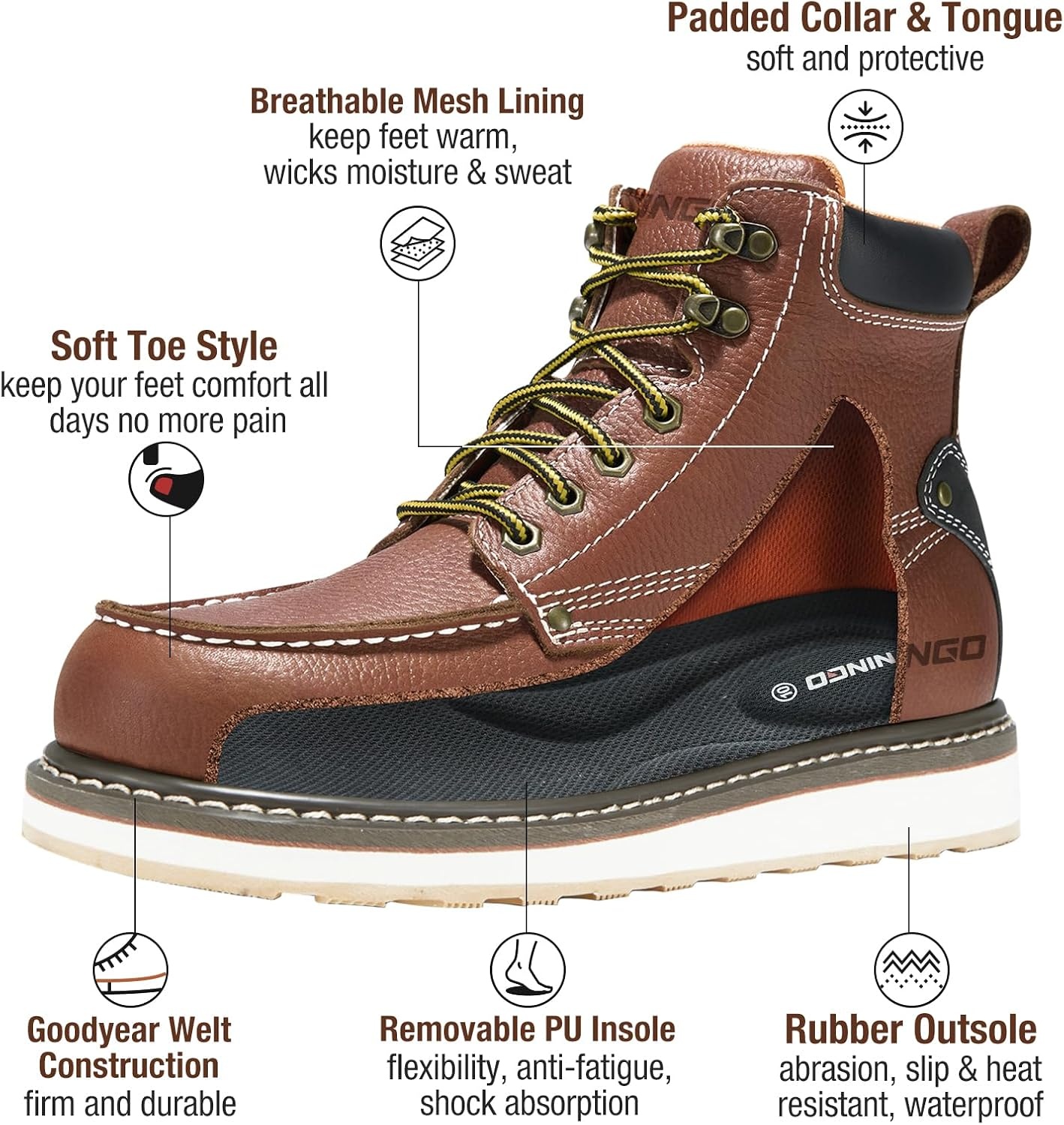 image:imageHISEA NINGO Work Boots for Men SteelSoft Toe Boots6 Water Resistant Slip Resistant Industrial amp Construction Work Shoes Composite Toe Working BootSoft Toe Brown