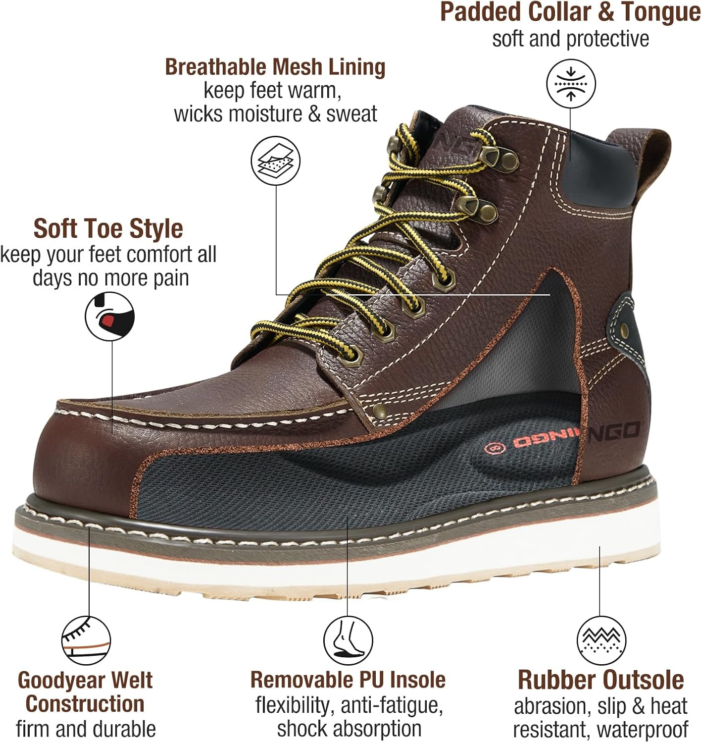 image:imageHISEA NINGO Work Boots for Men SteelSoft Toe Boots6 Water Resistant Slip Resistant Industrial amp Construction Work Shoes Composite Toe Working BootSoft Toe Darkbrown
