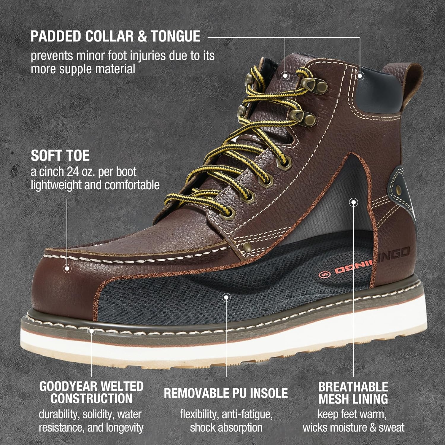 image:imageHISEA NINGO Work Boots for Men SteelSoft Toe Boots6 Water Resistant Slip Resistant Industrial amp Construction Work Shoes Composite Toe Working BootSoft Toe Darkbrown