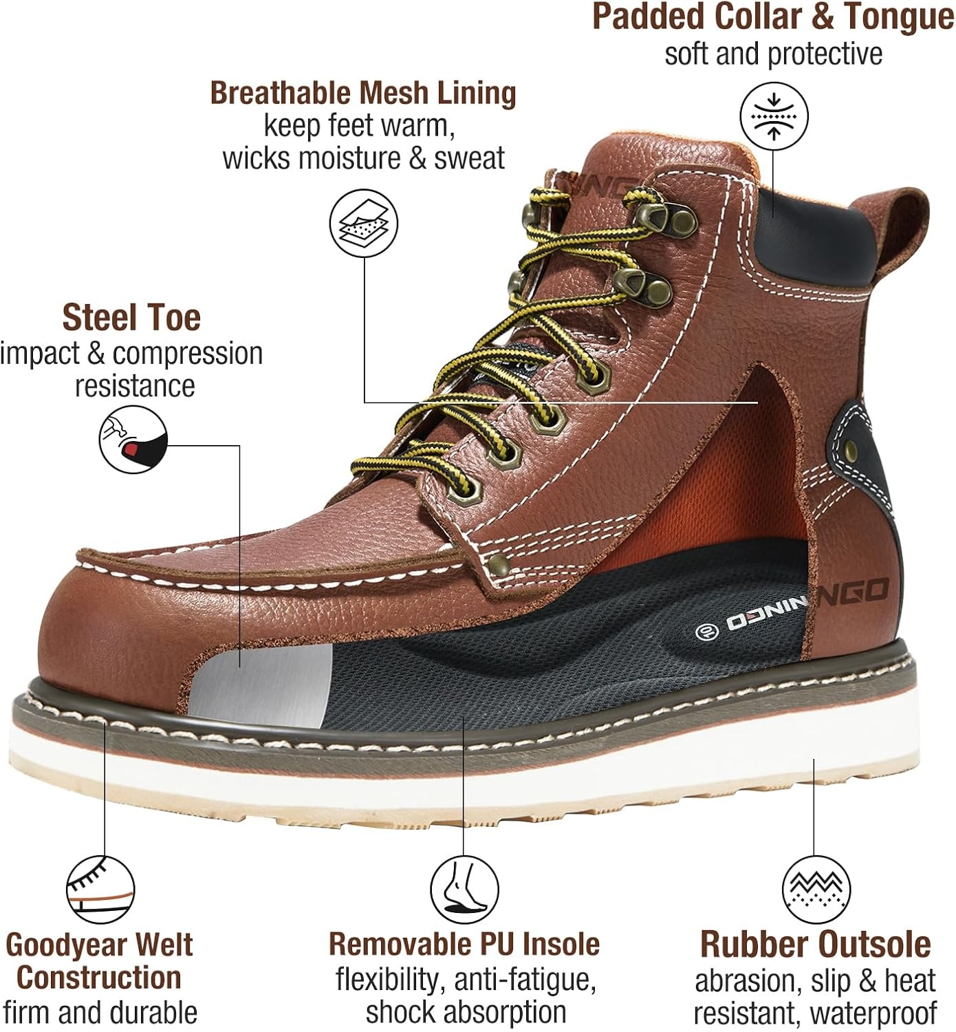 image:imageHISEA NINGO Work Boots for Men SteelSoft Toe Boots6 Water Resistant Slip Resistant Industrial amp Construction Work Shoes Composite Toe Working BootSteel Toe Brown