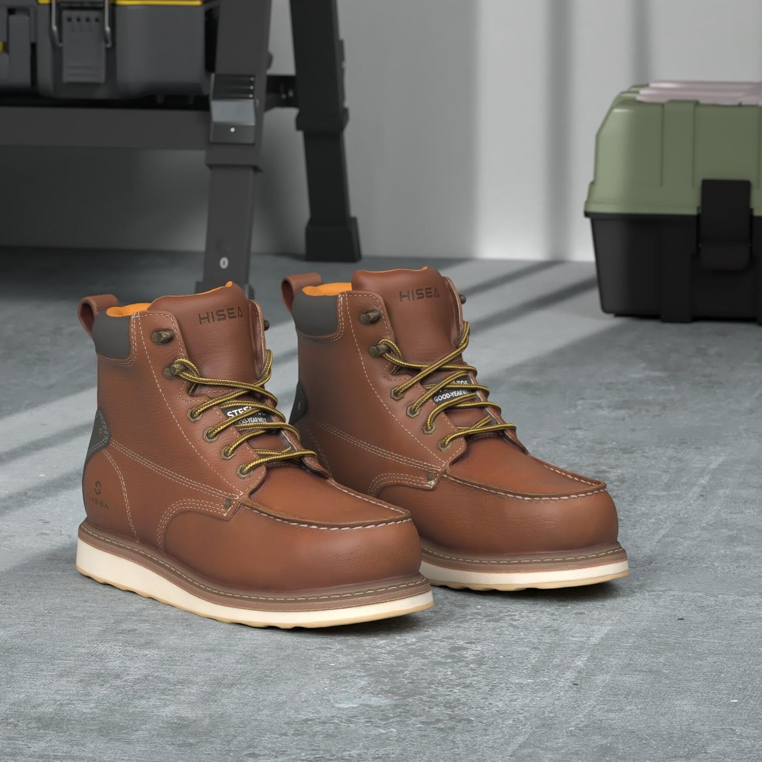 image:imageHISEA NINGO Work Boots for Men SteelSoft Toe Boots6 Water Resistant Slip Resistant Industrial amp Construction Work Shoes Composite Toe Working BootSteel Toe Brown