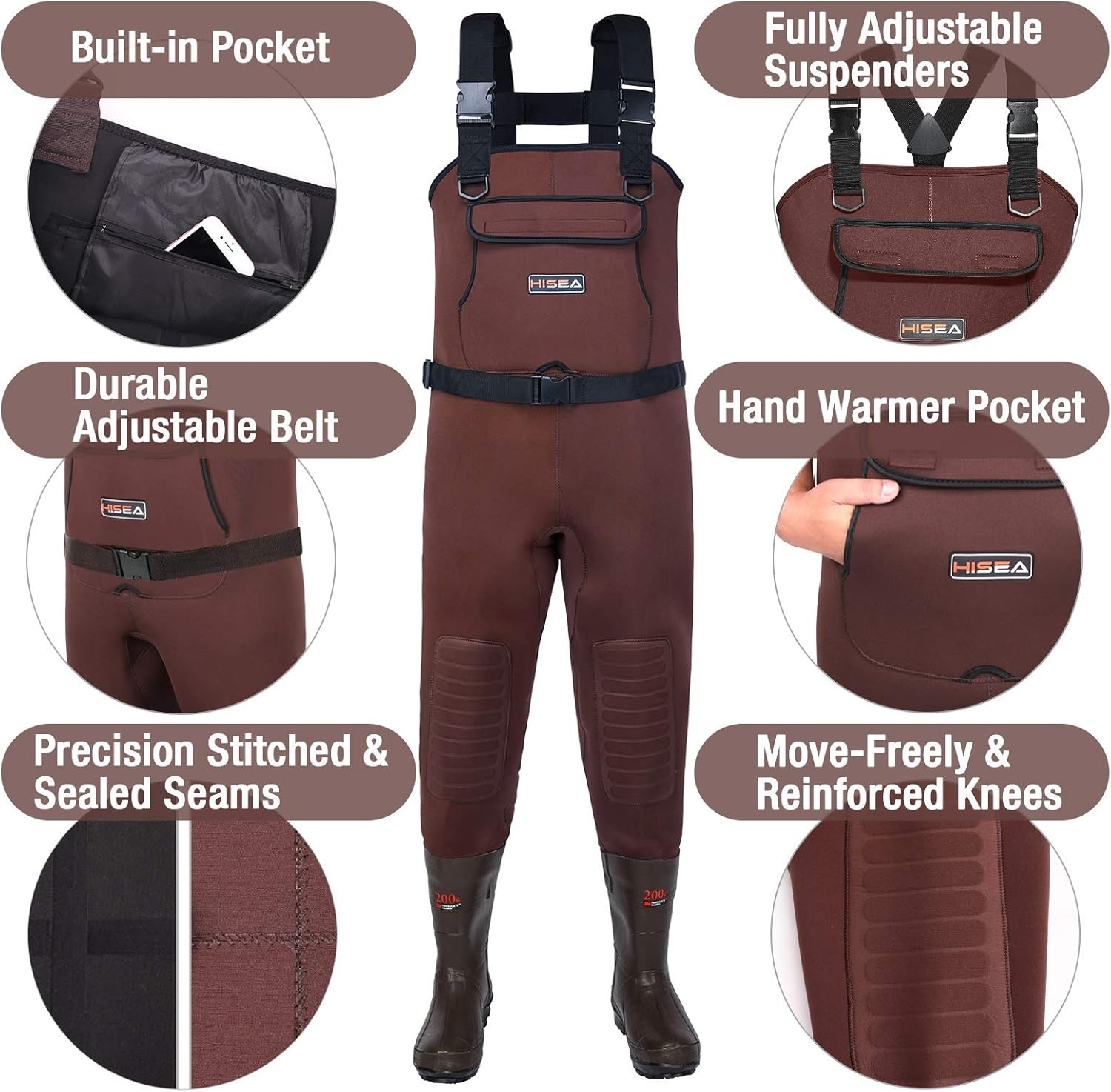 image:imageHISEA Neoprene Fishing Chest Waders for Men with Boots Cleated Bootfoot Waterproof Mens Womens Wader Fishing amp Hunting WaderBrown