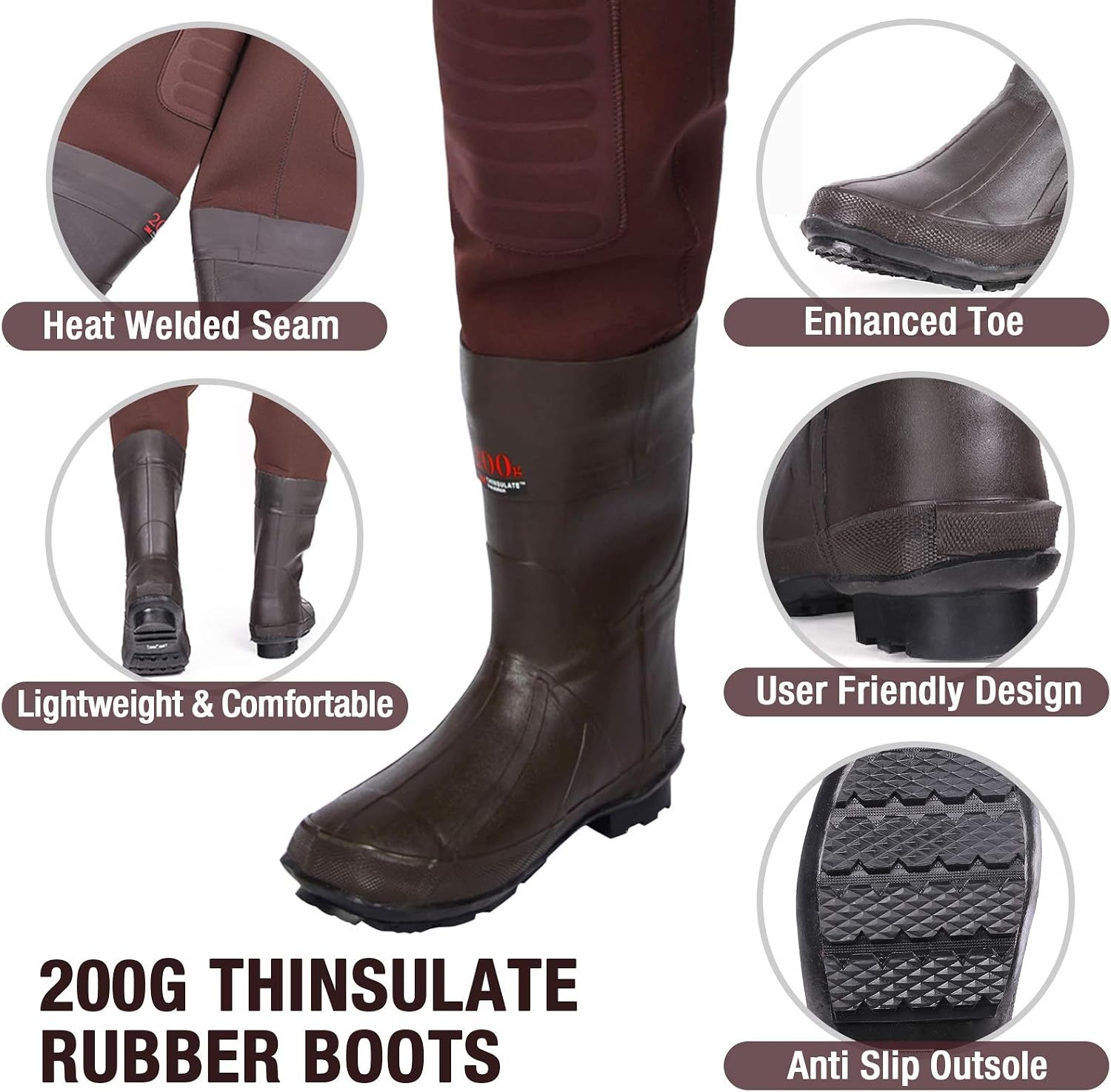image:imageHISEA Neoprene Fishing Chest Waders for Men with Boots Cleated Bootfoot Waterproof Mens Womens Wader Fishing amp Hunting WaderBrown