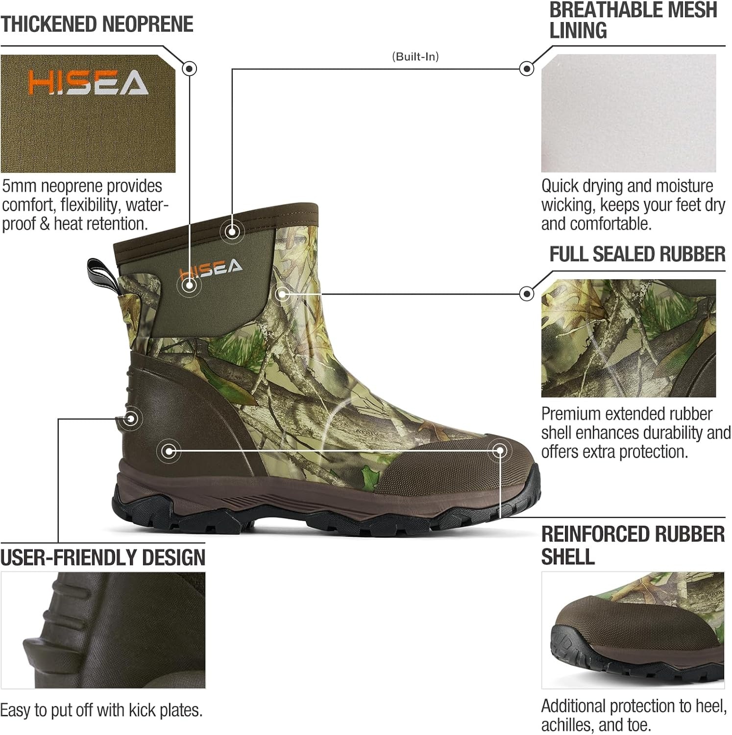 image:imageHISEA Upgraded Excursion Pro Mens Rain Boots Ankle Height Rubber Hunting Boots Waterproof Insulated Neoprene Boots Durable Outdoor Mud Booties for Hunting Gardening Farming Fishing and Yard WorkCamo