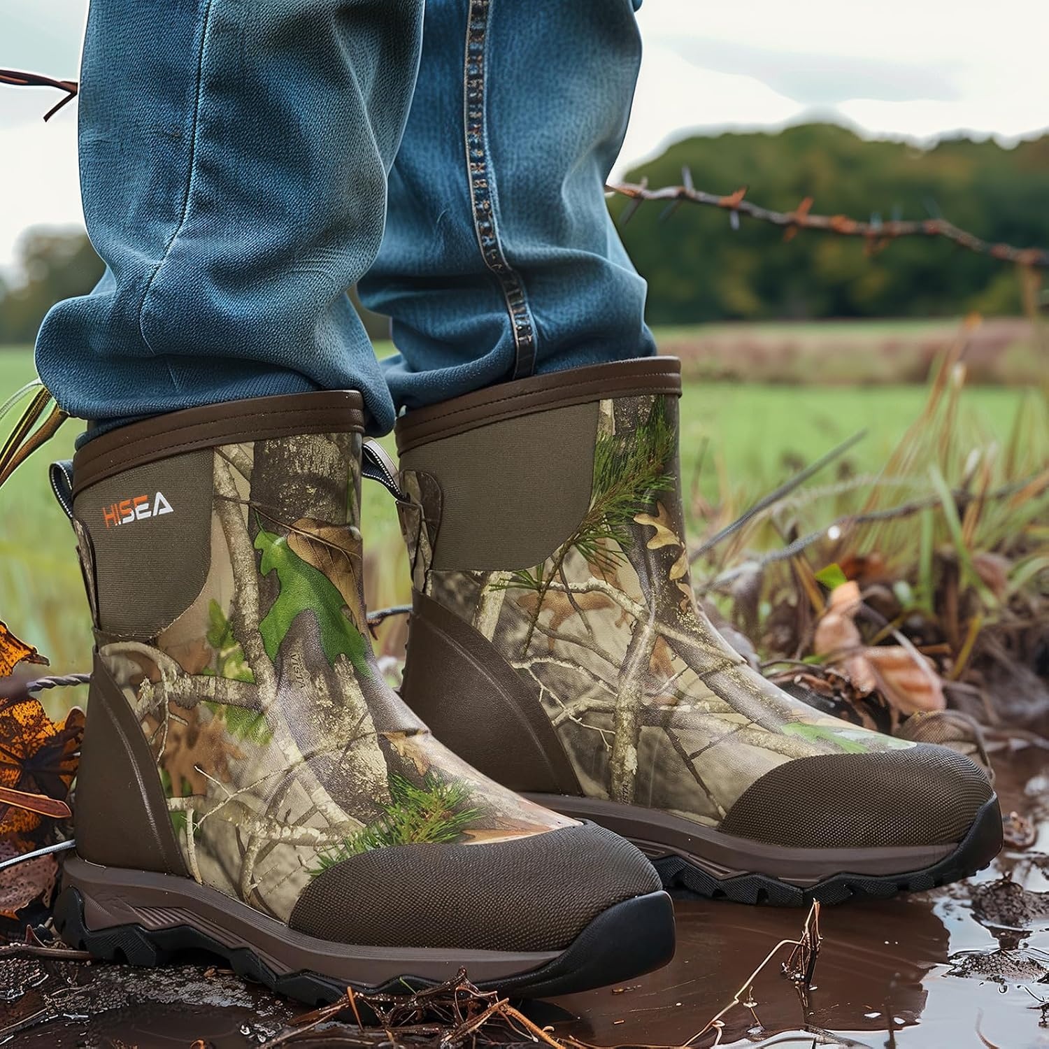image:imageHISEA Upgraded Excursion Pro Mens Rain Boots Ankle Height Rubber Hunting Boots Waterproof Insulated Neoprene Boots Durable Outdoor Mud Booties for Hunting Gardening Farming Fishing and Yard WorkCamo