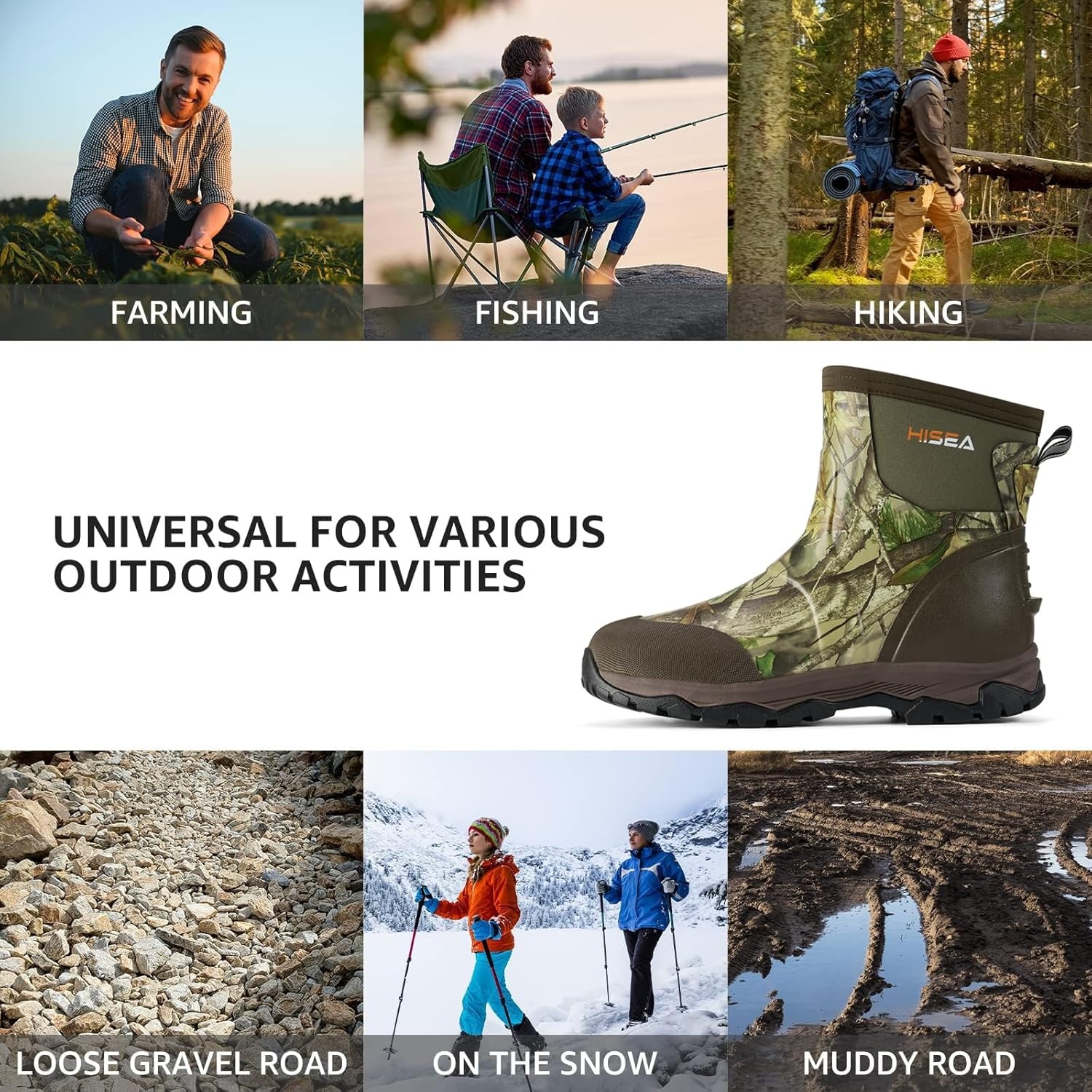 image:imageHISEA Upgraded Excursion Pro Mens Rain Boots Ankle Height Rubber Hunting Boots Waterproof Insulated Neoprene Boots Durable Outdoor Mud Booties for Hunting Gardening Farming Fishing and Yard WorkCamo