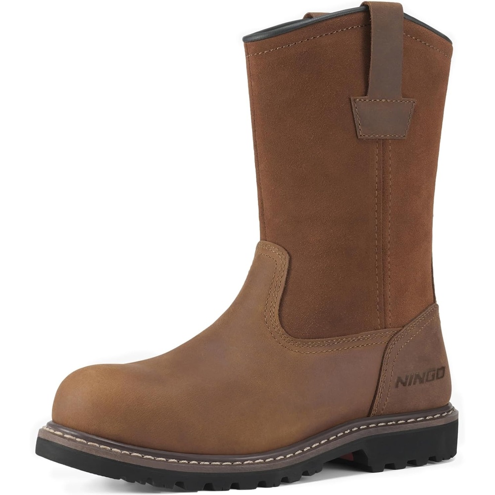 image:imageHISEA NINGO Steel Toe Work Boots for Men Waterproof Slip on Wellington Boots with Fullgrain Leather Oil and Slip Resistant Soft Toe Pull on Safety Boots for Men for Construction Working WeldingSoft Toe Light Brown