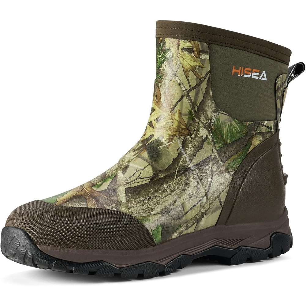 image:imageHISEA Upgraded Excursion Pro Mens Rain Boots Ankle Height Rubber Hunting Boots Waterproof Insulated Neoprene Boots Durable Outdoor Mud Booties for Hunting Gardening Farming Fishing and Yard WorkCamo
