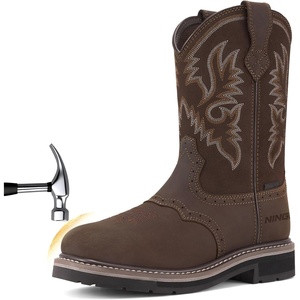 image:imageHISEA NINGO Steel Toe Work Boots for Men Waterproof Square Toe Cowboy Boots Slip on Comfortable Soft Toe Pull on Western Safety Work Shoes for Construction Industrial Working Welding Riding BrownDark Brown 1