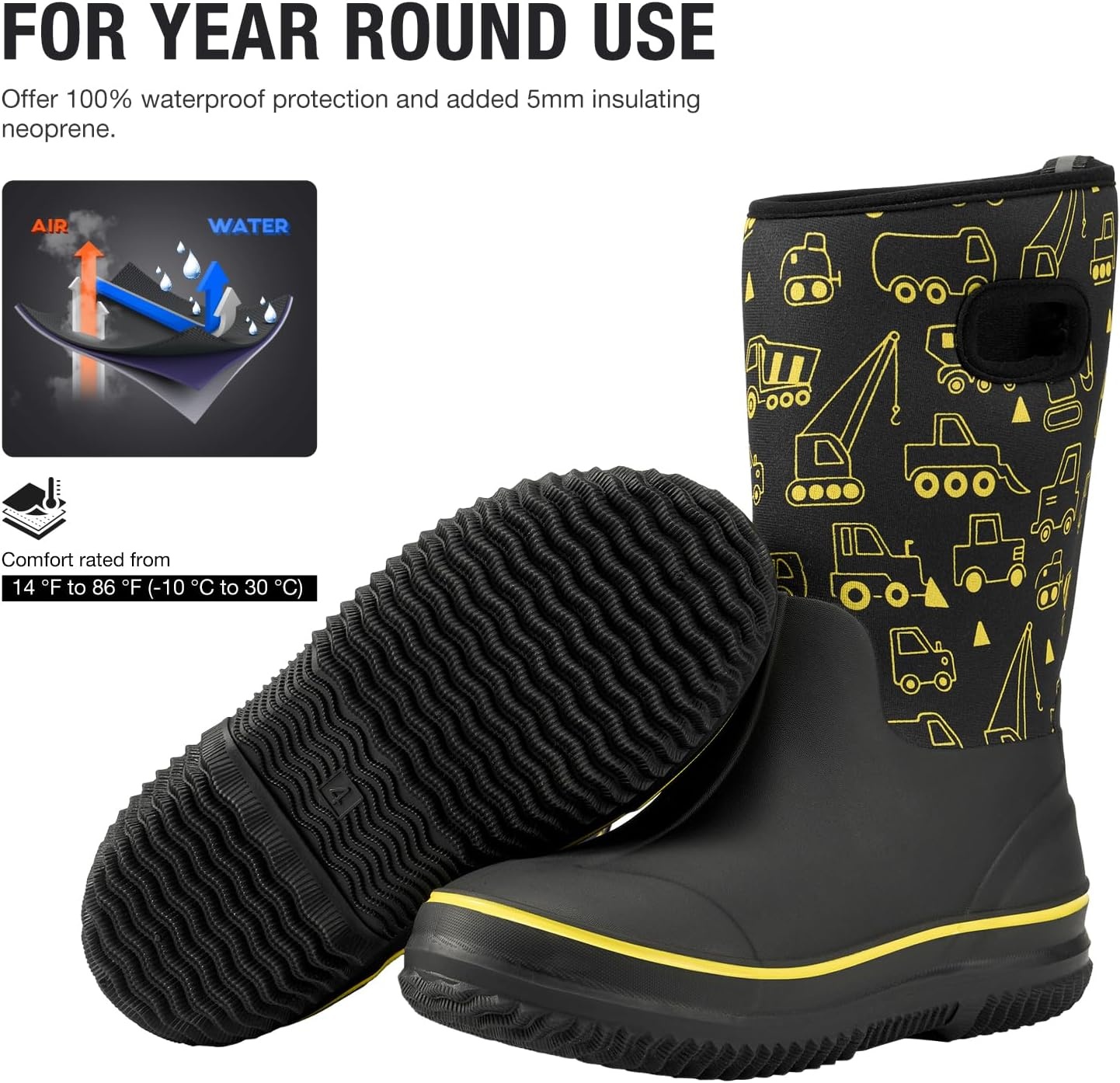 image:imageHISEA Kids Rain Boots for Boys Girls Waterproof Insulated Rubber Neoprene Boots Seamless Outdoor Boot with Handles Rainboots All Weather Mud Boots for Rain Water Snow and Winter Little KidBig KidConstruction Zone Yellow