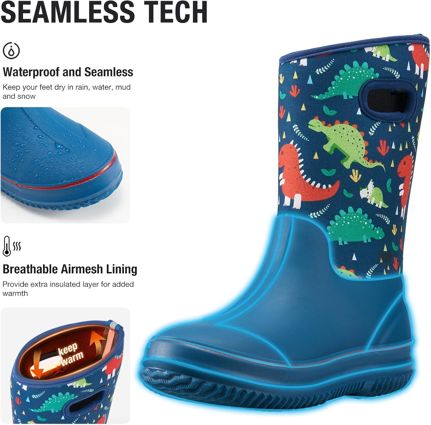 image:imageHISEA Kids Rain Boots for Boys Girls Waterproof Insulated Rubber Neoprene Boots Seamless Outdoor Boot with Handles Rainboots All Weather Mud Boots for Rain Water Snow and Winter Little KidBig KidDinosaur World Blue