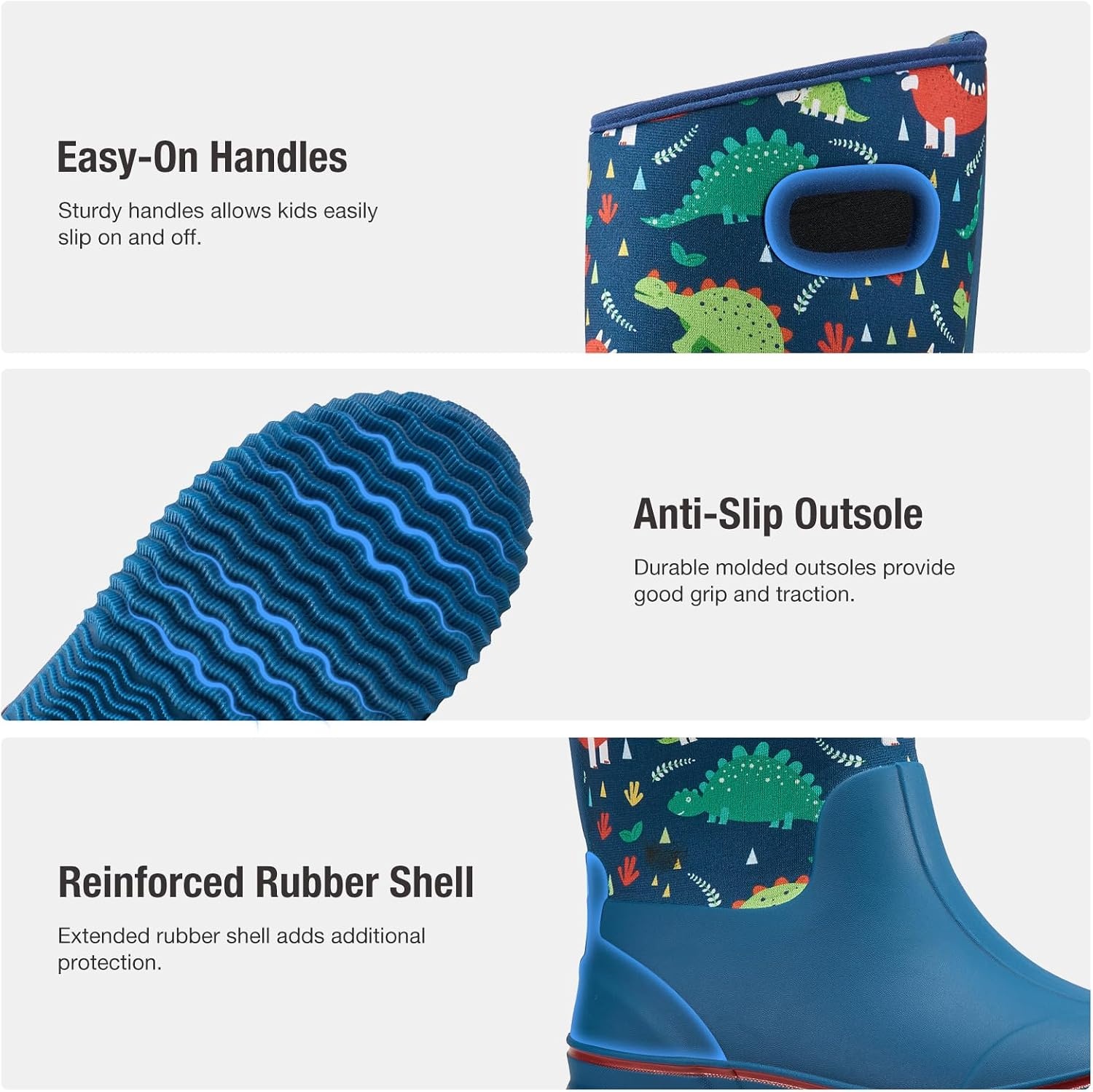 image:imageHISEA Kids Rain Boots for Boys Girls Waterproof Insulated Rubber Neoprene Boots Seamless Outdoor Boot with Handles Rainboots All Weather Mud Boots for Rain Water Snow and Winter Little KidBig KidDinosaur World Blue