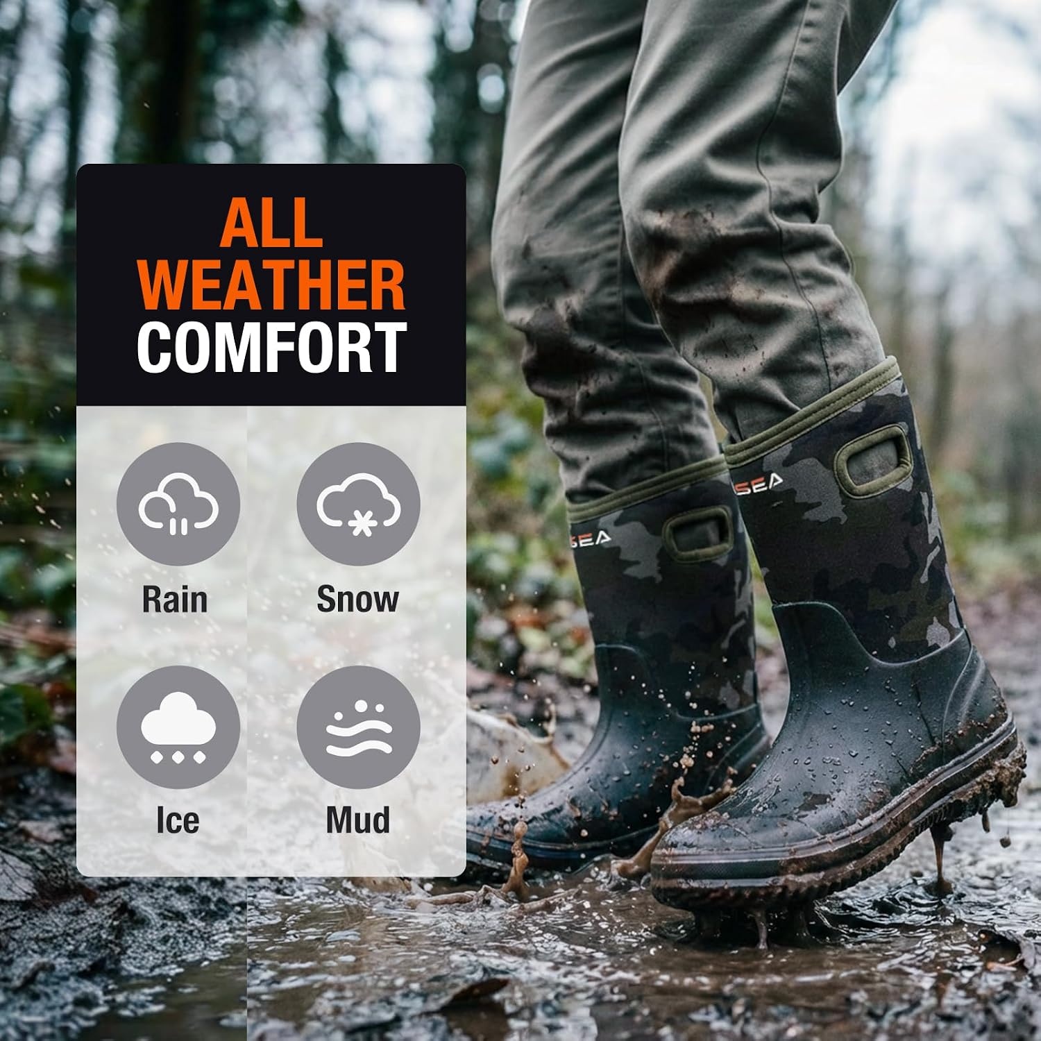 image:imageHISEA Kids Rain Boots for Boys Girls Waterproof Insulated Rubber Neoprene Boots Seamless Outdoor Boot with Handles Rainboots All Weather Mud Boots for Rain Water Snow and Winter Little KidBig KidGreen Camo