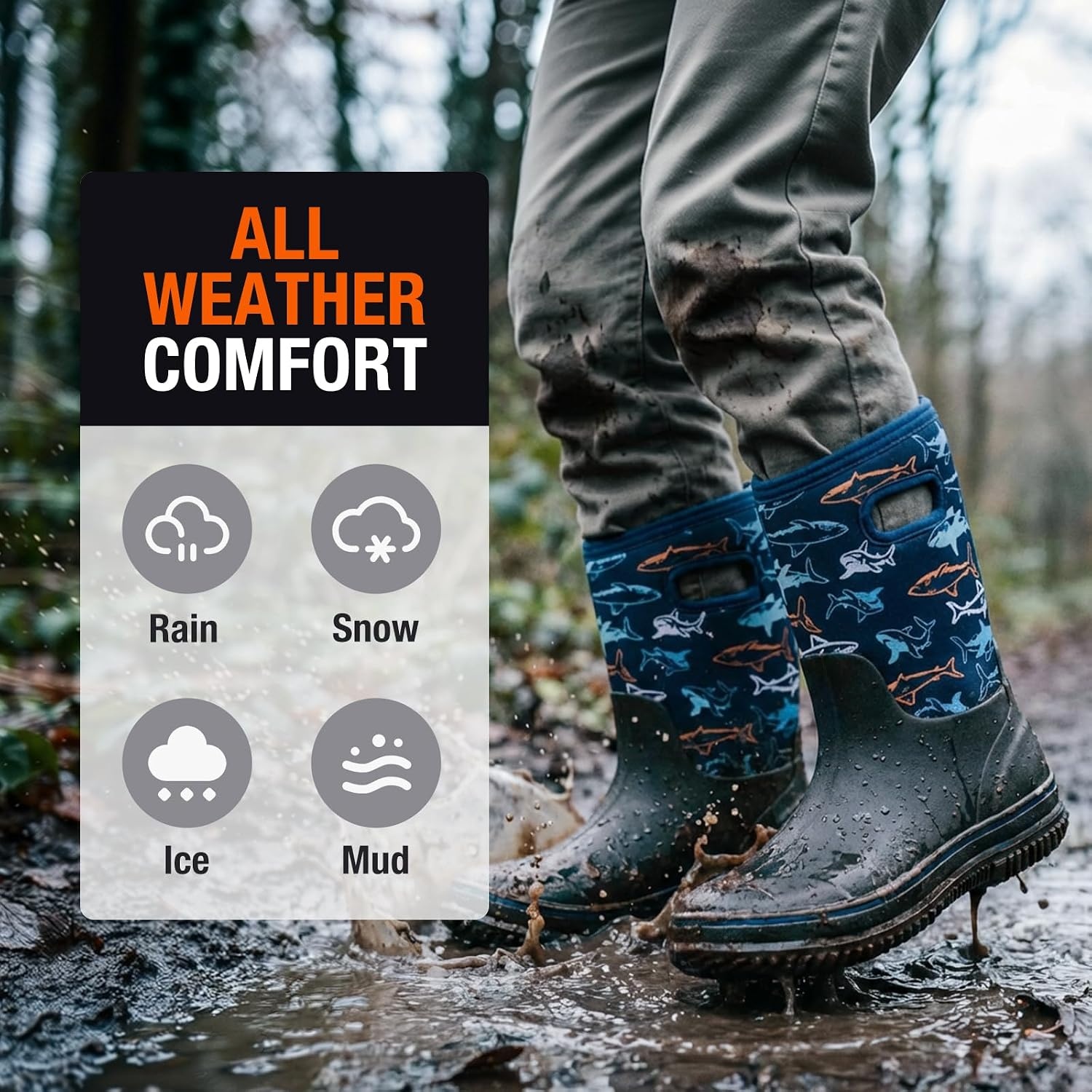 image:imageHISEA Kids Rain Boots for Boys Girls Waterproof Insulated Rubber Neoprene Boots Seamless Outdoor Boot with Handles Rainboots All Weather Mud Boots for Rain Water Snow and Winter Little KidBig KidBlue Shark