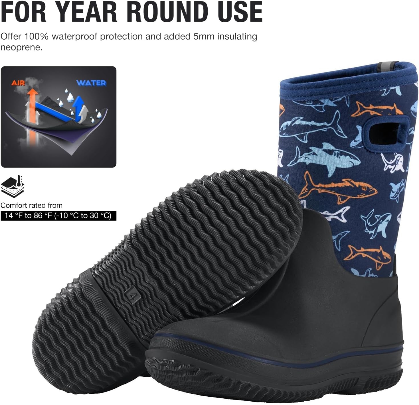 image:imageHISEA Kids Rain Boots for Boys Girls Waterproof Insulated Rubber Neoprene Boots Seamless Outdoor Boot with Handles Rainboots All Weather Mud Boots for Rain Water Snow and Winter Little KidBig KidBlue Shark