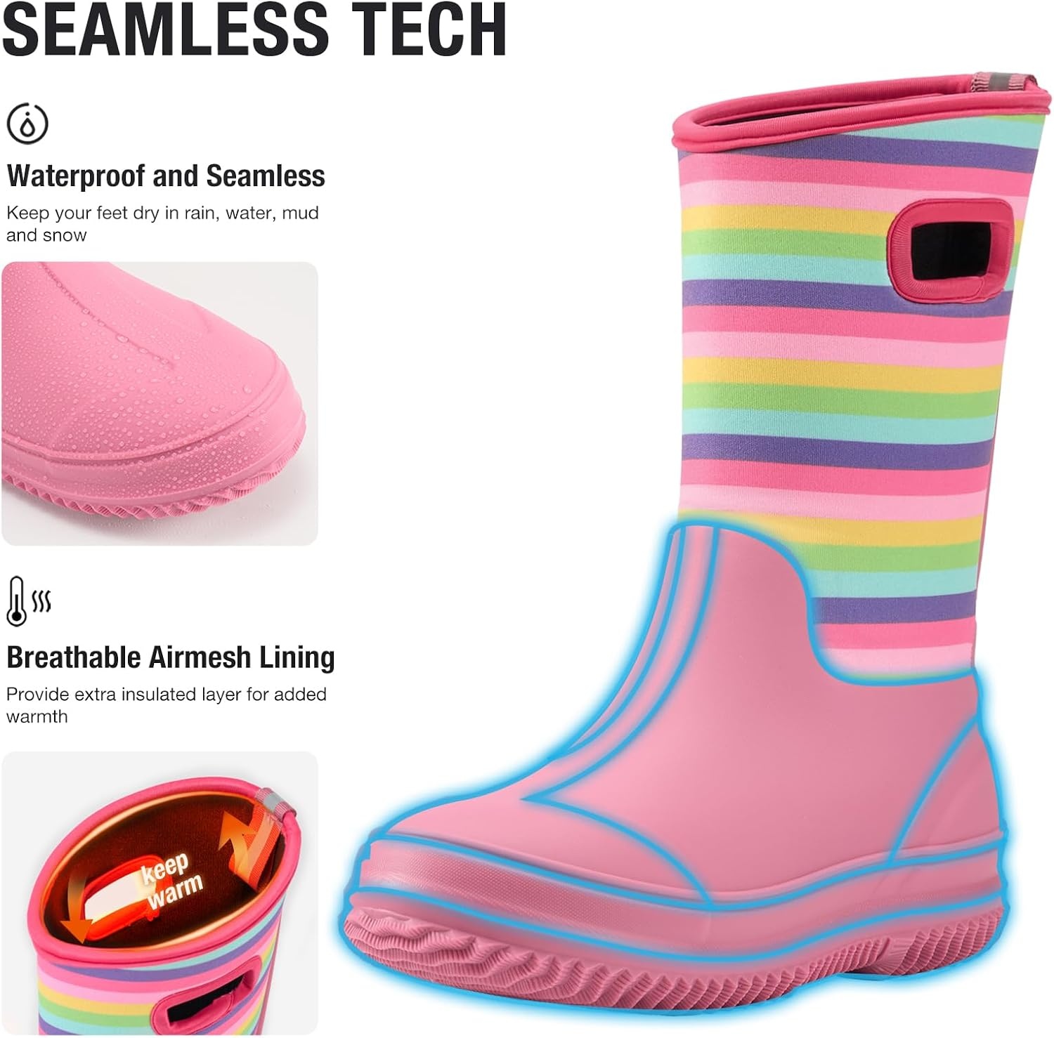 image:imageHISEA Kids Rain Boots for Boys Girls Waterproof Insulated Rubber Neoprene Boots Seamless Outdoor Boot with Handles Rainboots All Weather Mud Boots for Rain Water Snow and Winter Little KidBig KidRainbow Pink