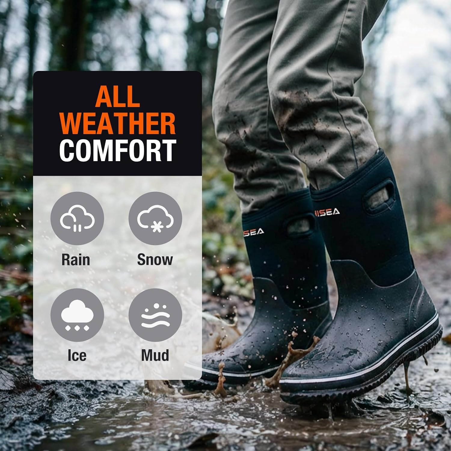 image:imageHISEA Kids Rain Boots for Boys Girls Waterproof Insulated Rubber Neoprene Boots Seamless Outdoor Boot with Handles Rainboots All Weather Mud Boots for Rain Water Snow and Winter Little KidBig KidBlack