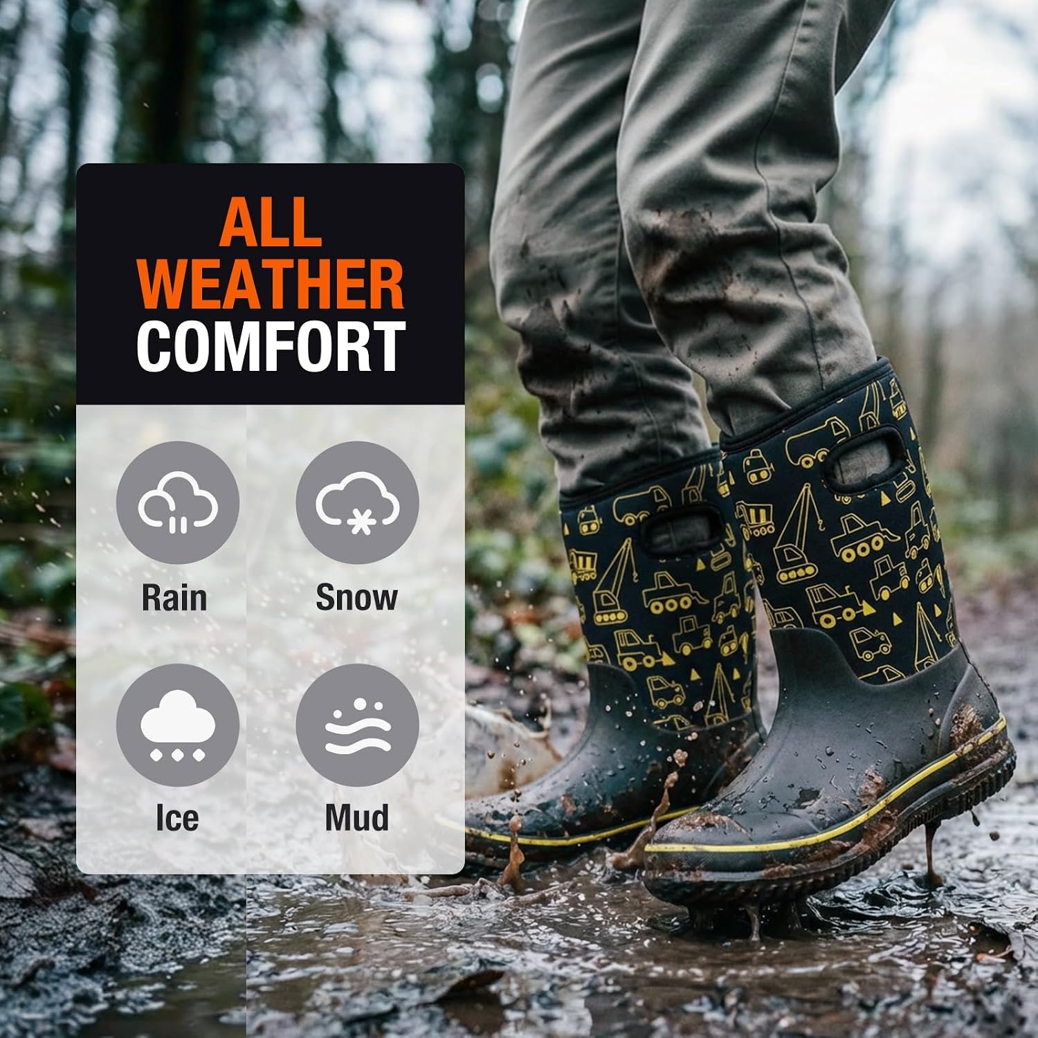 image:imageHISEA Kids Rain Boots for Boys Girls Waterproof Insulated Rubber Neoprene Boots Seamless Outdoor Boot with Handles Rainboots All Weather Mud Boots for Rain Water Snow and Winter Little KidBig KidConstruction Zone Yellow
