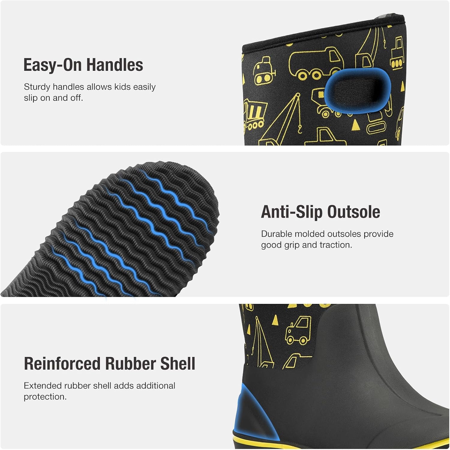 image:imageHISEA Kids Rain Boots for Boys Girls Waterproof Insulated Rubber Neoprene Boots Seamless Outdoor Boot with Handles Rainboots All Weather Mud Boots for Rain Water Snow and Winter Little KidBig KidConstruction Zone Yellow