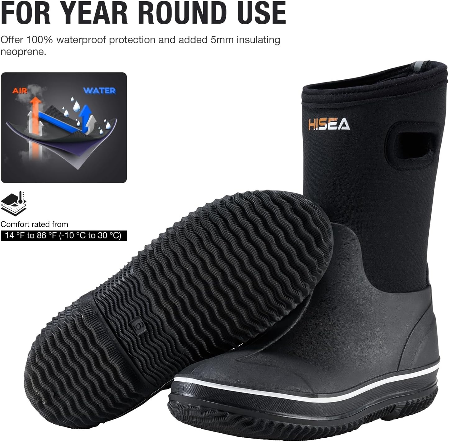 image:imageHISEA Kids Rain Boots for Boys Girls Waterproof Insulated Rubber Neoprene Boots Seamless Outdoor Boot with Handles Rainboots All Weather Mud Boots for Rain Water Snow and Winter Little KidBig KidBlack