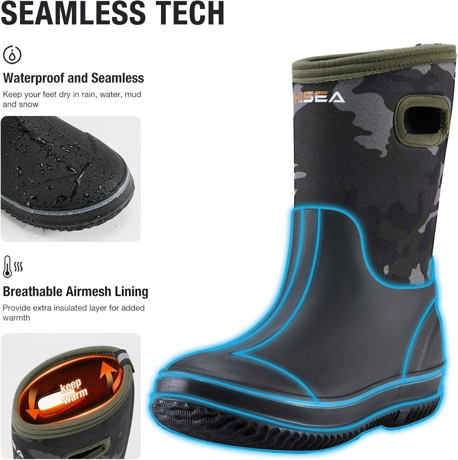 image:imageHISEA Kids Rain Boots for Boys Girls Waterproof Insulated Rubber Neoprene Boots Seamless Outdoor Boot with Handles Rainboots All Weather Mud Boots for Rain Water Snow and Winter Little KidBig KidGreen Camo