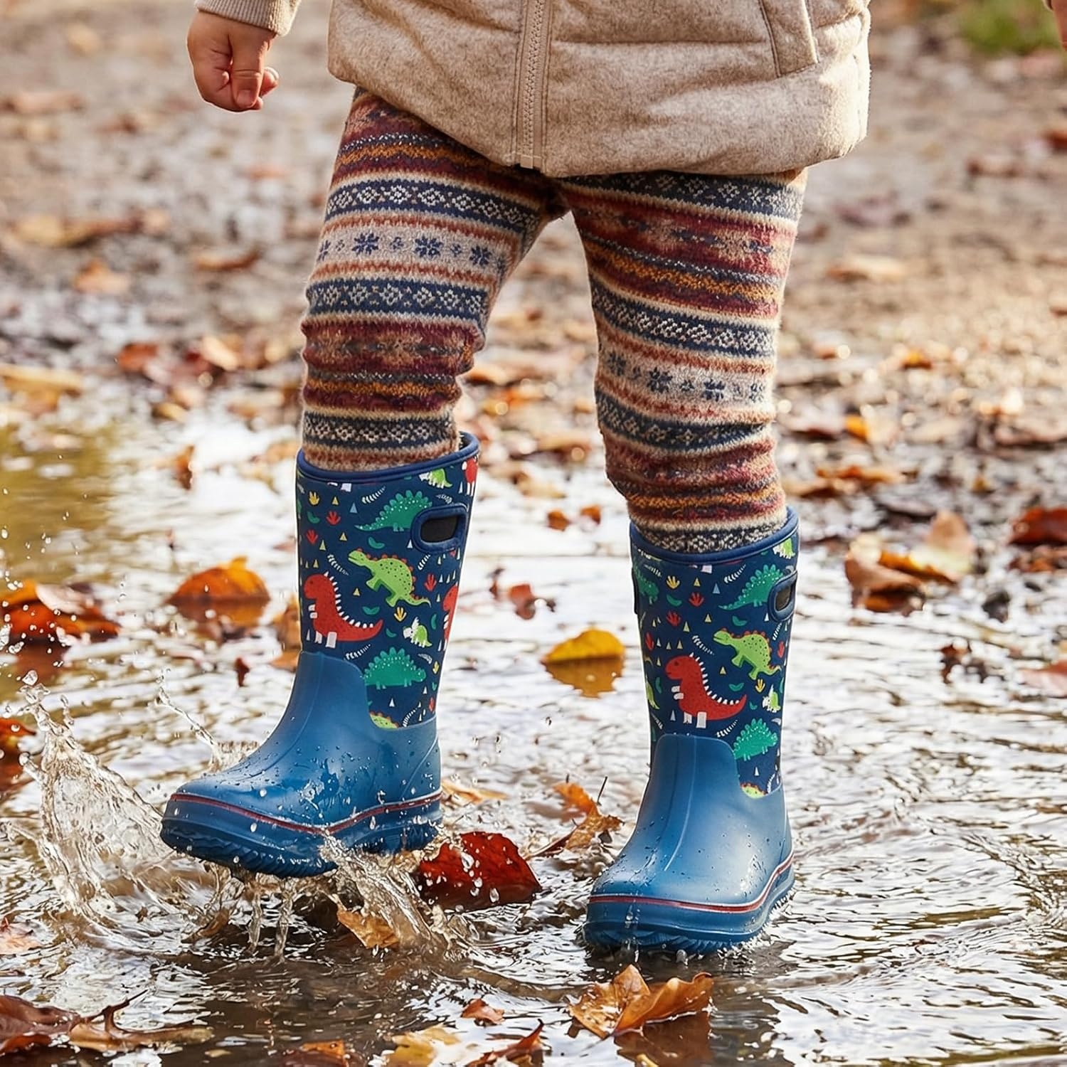 image:imageHISEA Kids Rain Boots for Boys Girls Waterproof Insulated Rubber Neoprene Boots Seamless Outdoor Boot with Handles Rainboots All Weather Mud Boots for Rain Water Snow and Winter Little KidBig KidDinosaur World Blue