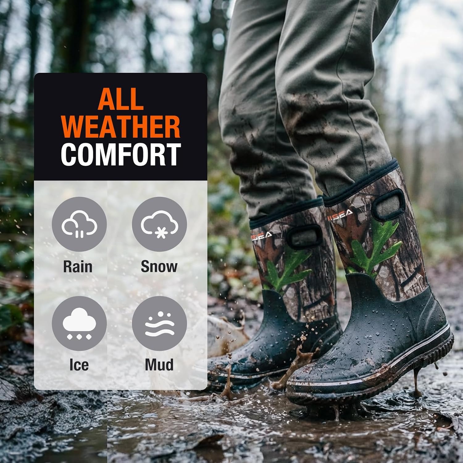 image:imageHISEA Kids Rain Boots for Boys Girls Waterproof Insulated Rubber Neoprene Boots Seamless Outdoor Boot with Handles Rainboots All Weather Mud Boots for Rain Water Snow and Winter Little KidBig KidCamo