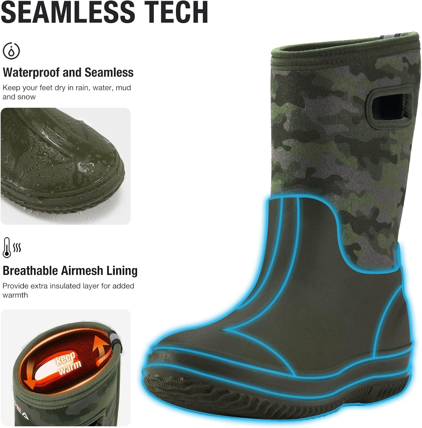 image:imageHISEA Kids Rain Boots for Boys Girls Waterproof Insulated Rubber Neoprene Boots Seamless Outdoor Boot with Handles Rainboots All Weather Mud Boots for Rain Water Snow and Winter Little KidBig KidOlive Green
