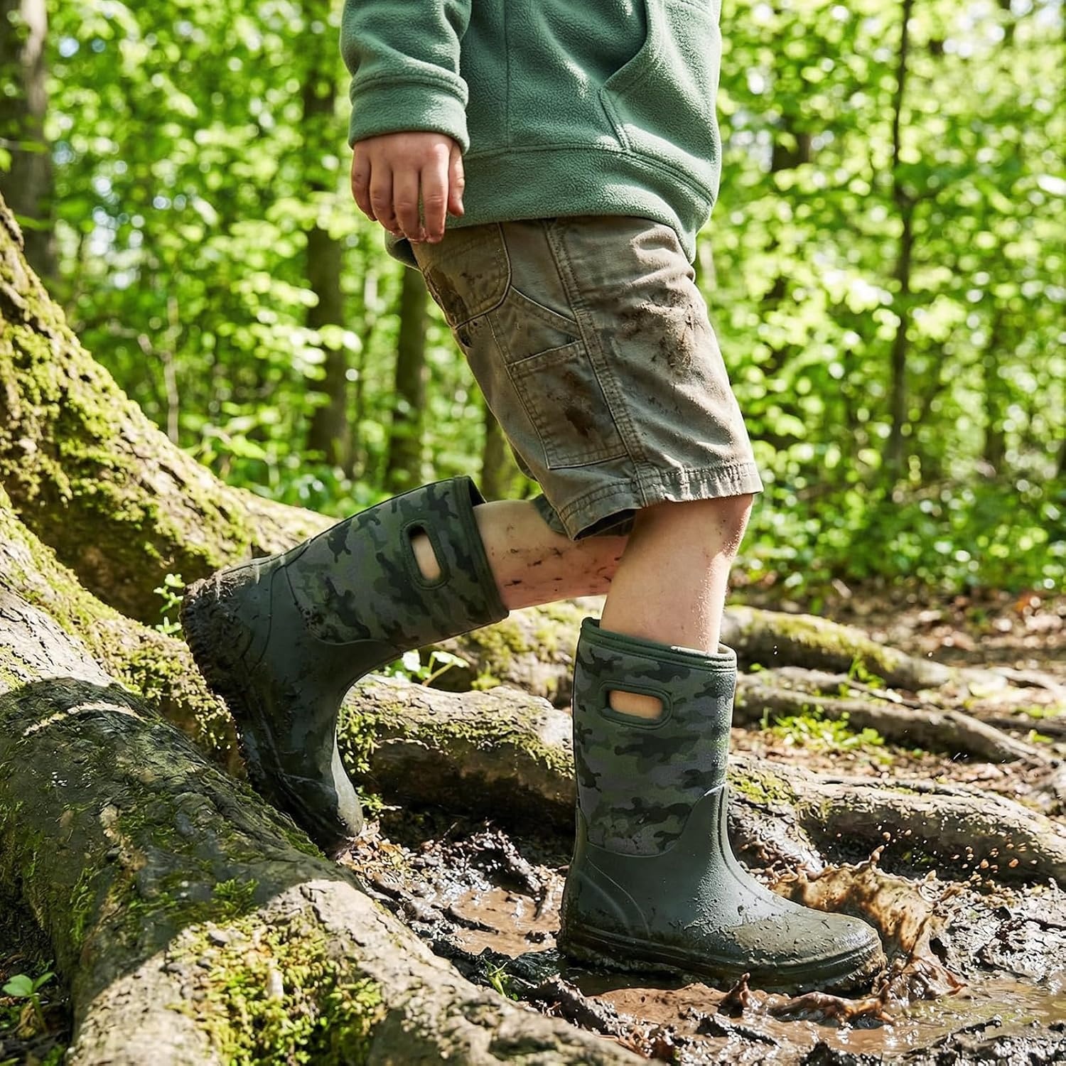 image:imageHISEA Kids Rain Boots for Boys Girls Waterproof Insulated Rubber Neoprene Boots Seamless Outdoor Boot with Handles Rainboots All Weather Mud Boots for Rain Water Snow and Winter Little KidBig KidOlive Green