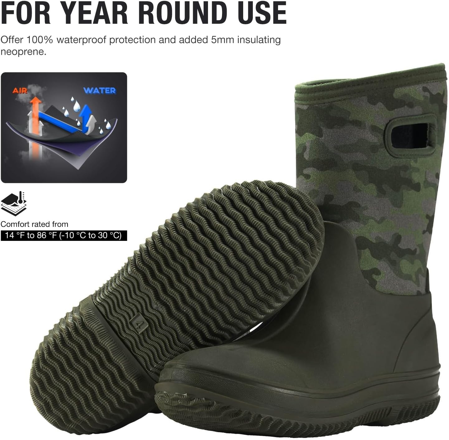 image:imageHISEA Kids Rain Boots for Boys Girls Waterproof Insulated Rubber Neoprene Boots Seamless Outdoor Boot with Handles Rainboots All Weather Mud Boots for Rain Water Snow and Winter Little KidBig KidOlive Green