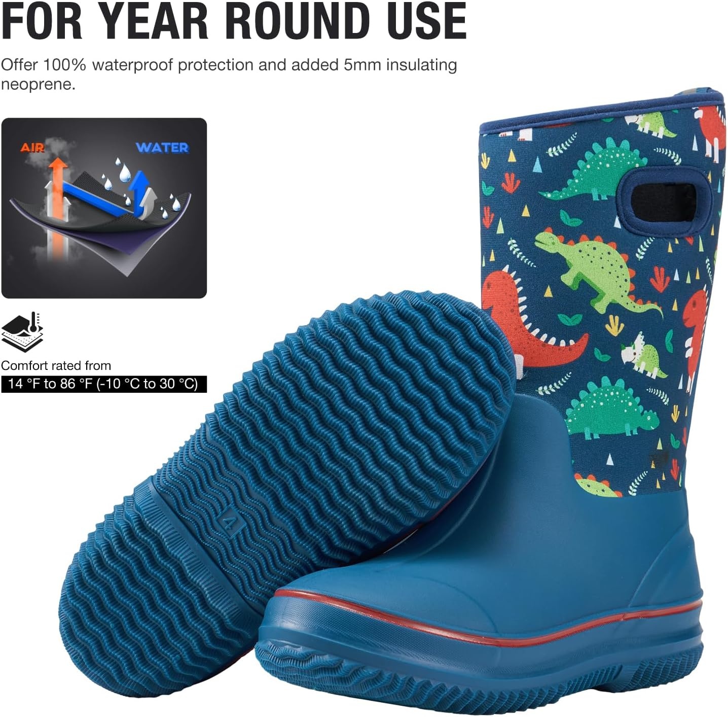 image:imageHISEA Kids Rain Boots for Boys Girls Waterproof Insulated Rubber Neoprene Boots Seamless Outdoor Boot with Handles Rainboots All Weather Mud Boots for Rain Water Snow and Winter Little KidBig KidDinosaur World Blue
