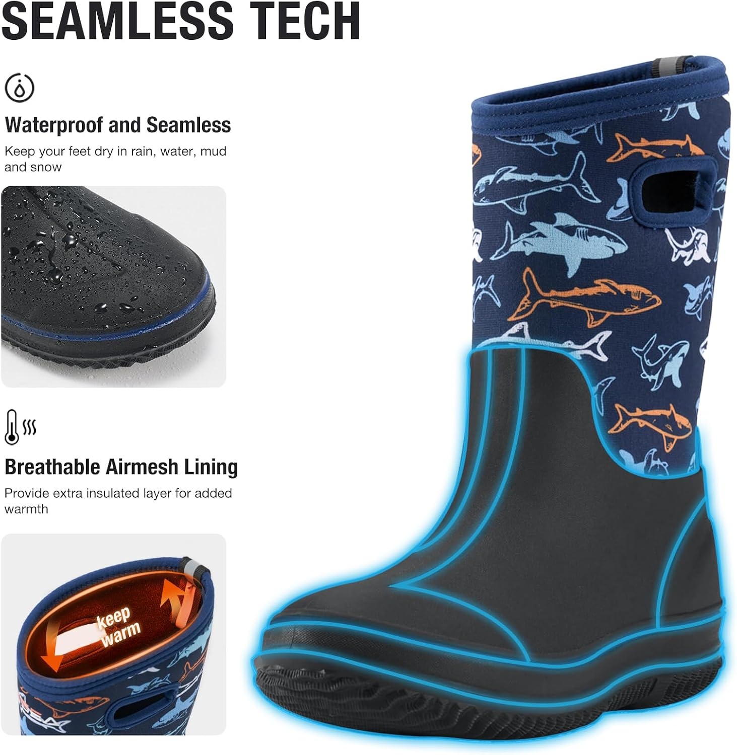 image:imageHISEA Kids Rain Boots for Boys Girls Waterproof Insulated Rubber Neoprene Boots Seamless Outdoor Boot with Handles Rainboots All Weather Mud Boots for Rain Water Snow and Winter Little KidBig KidBlue Shark