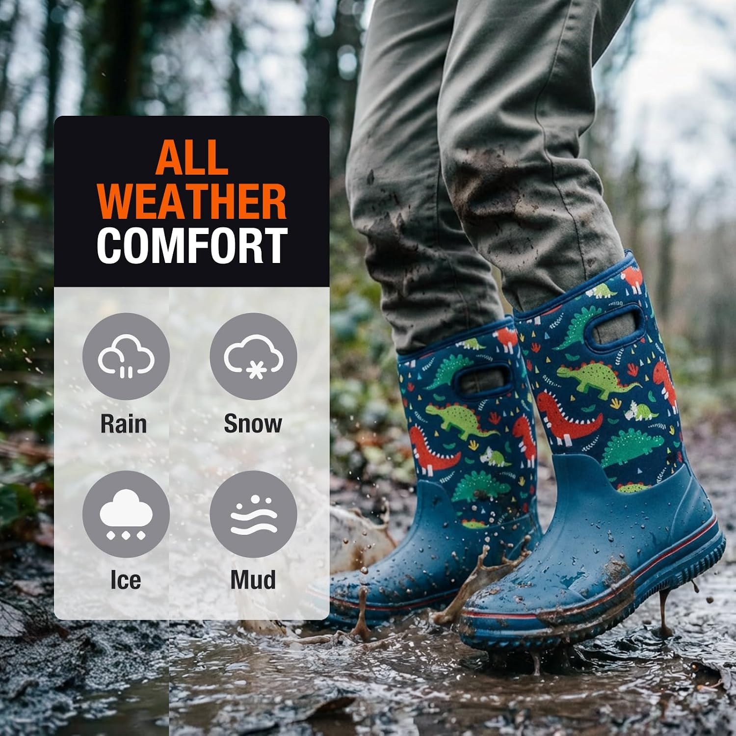 image:imageHISEA Kids Rain Boots for Boys Girls Waterproof Insulated Rubber Neoprene Boots Seamless Outdoor Boot with Handles Rainboots All Weather Mud Boots for Rain Water Snow and Winter Little KidBig KidDinosaur World Blue