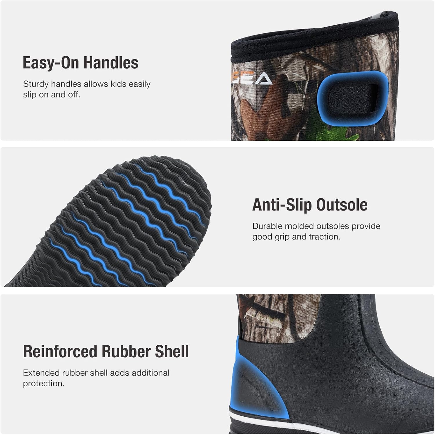 image:imageHISEA Kids Rain Boots for Boys Girls Waterproof Insulated Rubber Neoprene Boots Seamless Outdoor Boot with Handles Rainboots All Weather Mud Boots for Rain Water Snow and Winter Little KidBig KidCamo