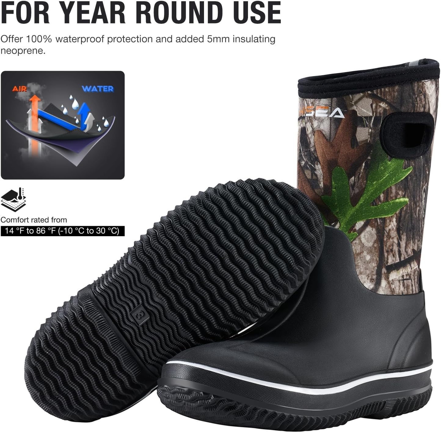 image:imageHISEA Kids Rain Boots for Boys Girls Waterproof Insulated Rubber Neoprene Boots Seamless Outdoor Boot with Handles Rainboots All Weather Mud Boots for Rain Water Snow and Winter Little KidBig KidCamo