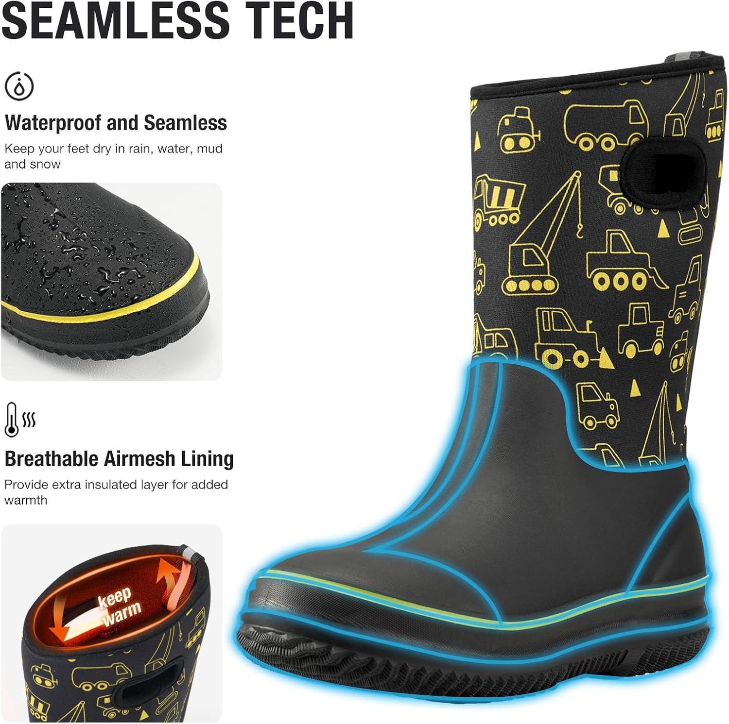 image:imageHISEA Kids Rain Boots for Boys Girls Waterproof Insulated Rubber Neoprene Boots Seamless Outdoor Boot with Handles Rainboots All Weather Mud Boots for Rain Water Snow and Winter Little KidBig KidConstruction Zone Yellow