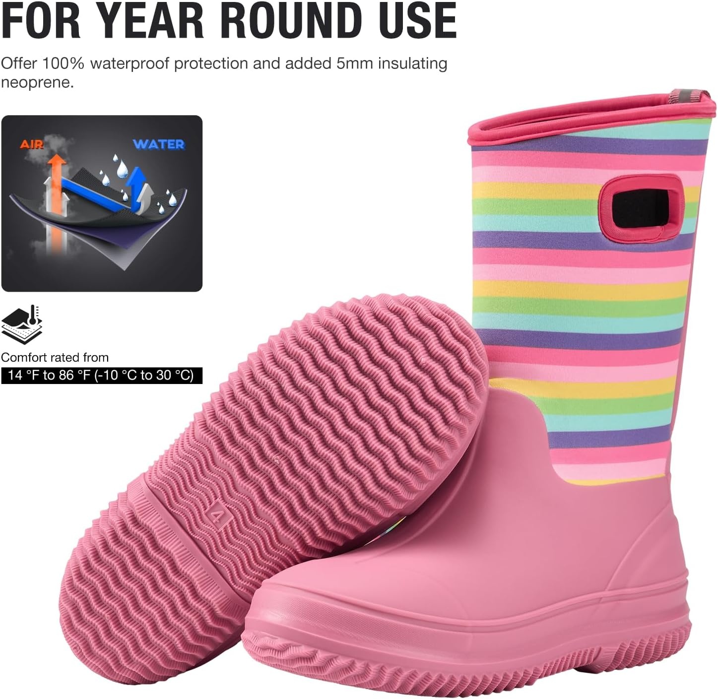 image:imageHISEA Kids Rain Boots for Boys Girls Waterproof Insulated Rubber Neoprene Boots Seamless Outdoor Boot with Handles Rainboots All Weather Mud Boots for Rain Water Snow and Winter Little KidBig KidRainbow Pink