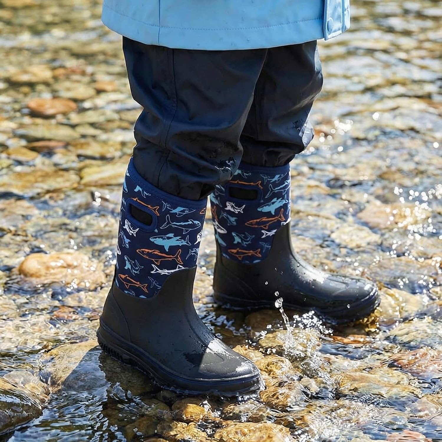 image:imageHISEA Kids Rain Boots for Boys Girls Waterproof Insulated Rubber Neoprene Boots Seamless Outdoor Boot with Handles Rainboots All Weather Mud Boots for Rain Water Snow and Winter Little KidBig KidBlue Shark
