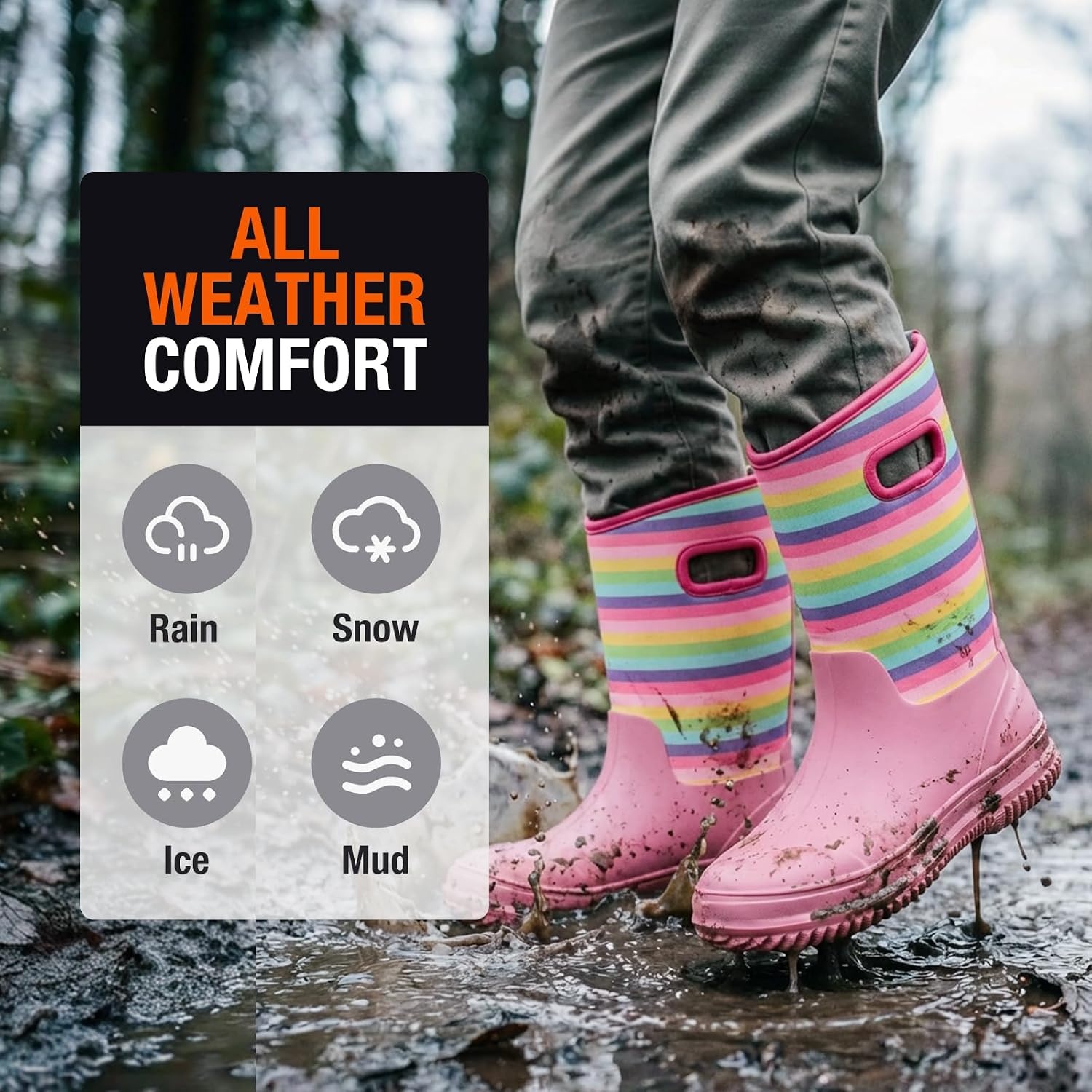 image:imageHISEA Kids Rain Boots for Boys Girls Waterproof Insulated Rubber Neoprene Boots Seamless Outdoor Boot with Handles Rainboots All Weather Mud Boots for Rain Water Snow and Winter Little KidBig KidRainbow Pink