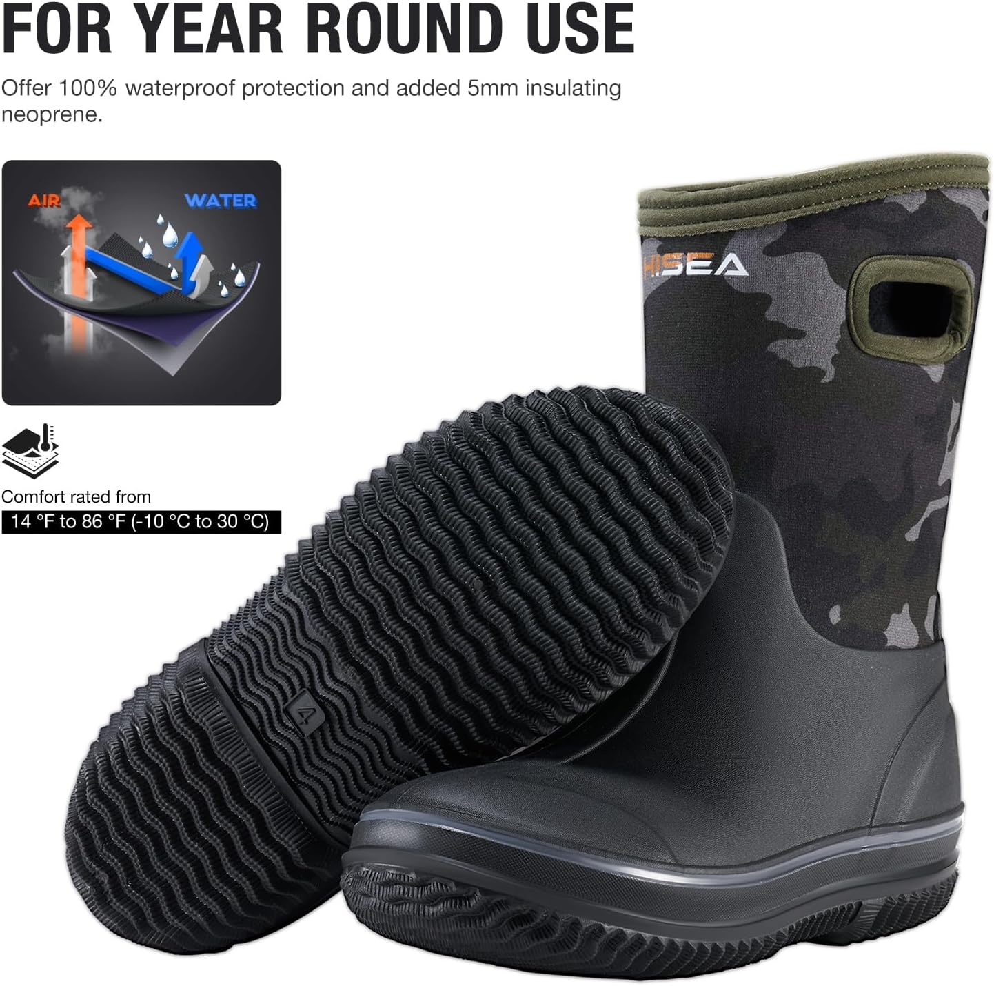 image:imageHISEA Kids Rain Boots for Boys Girls Waterproof Insulated Rubber Neoprene Boots Seamless Outdoor Boot with Handles Rainboots All Weather Mud Boots for Rain Water Snow and Winter Little KidBig KidGreen Camo