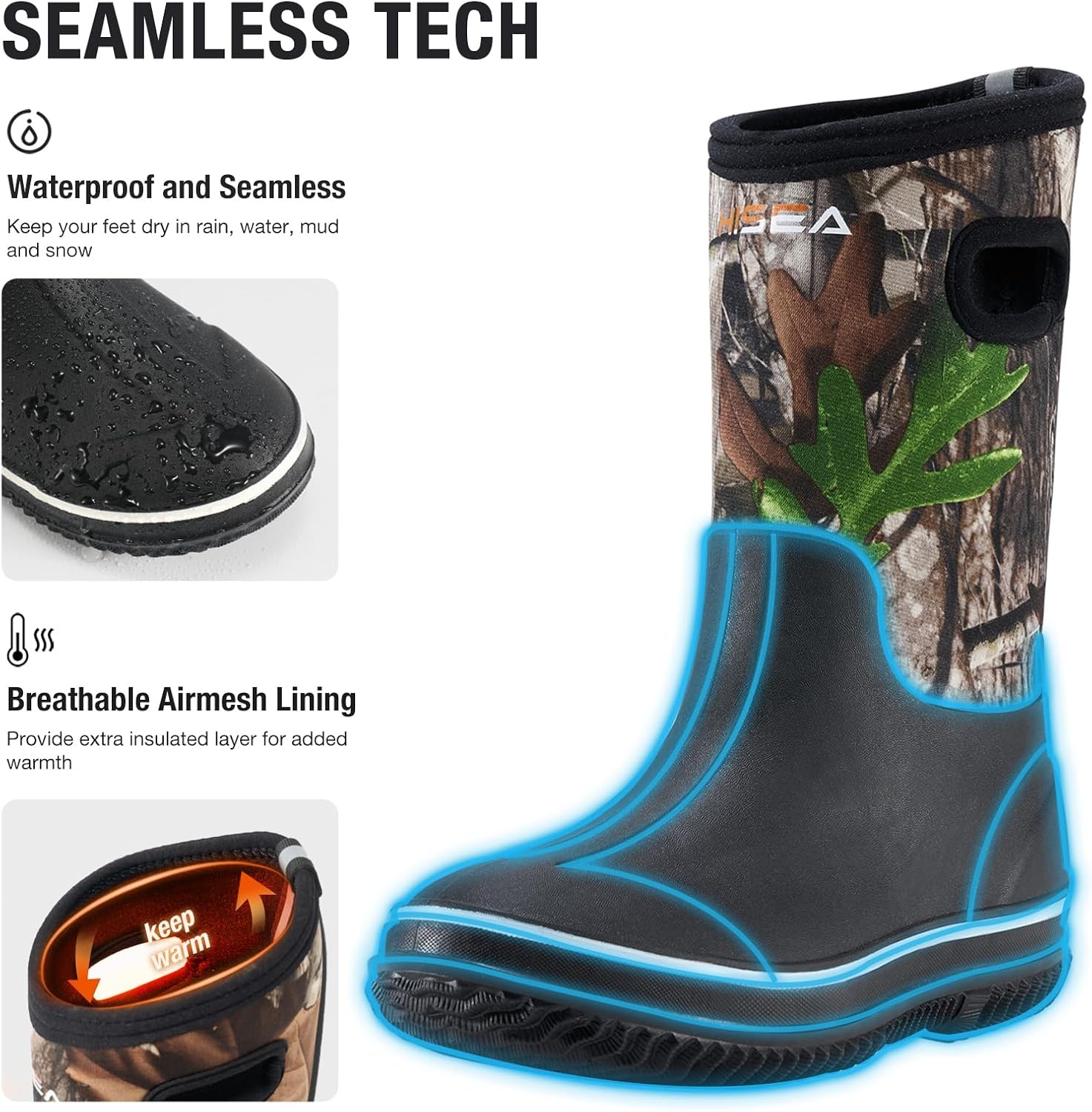 image:imageHISEA Kids Rain Boots for Boys Girls Waterproof Insulated Rubber Neoprene Boots Seamless Outdoor Boot with Handles Rainboots All Weather Mud Boots for Rain Water Snow and Winter Little KidBig KidCamo