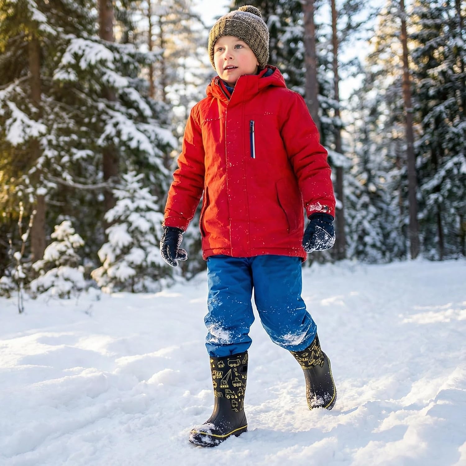 image:imageHISEA Kids Rain Boots for Boys Girls Waterproof Insulated Rubber Neoprene Boots Seamless Outdoor Boot with Handles Rainboots All Weather Mud Boots for Rain Water Snow and Winter Little KidBig KidConstruction Zone Yellow