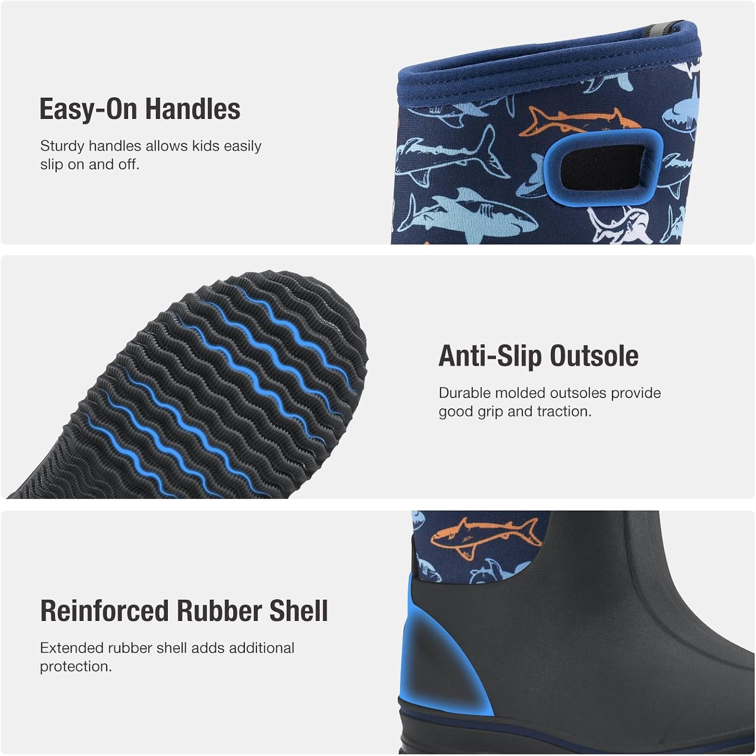 image:imageHISEA Kids Rain Boots for Boys Girls Waterproof Insulated Rubber Neoprene Boots Seamless Outdoor Boot with Handles Rainboots All Weather Mud Boots for Rain Water Snow and Winter Little KidBig KidBlue Shark
