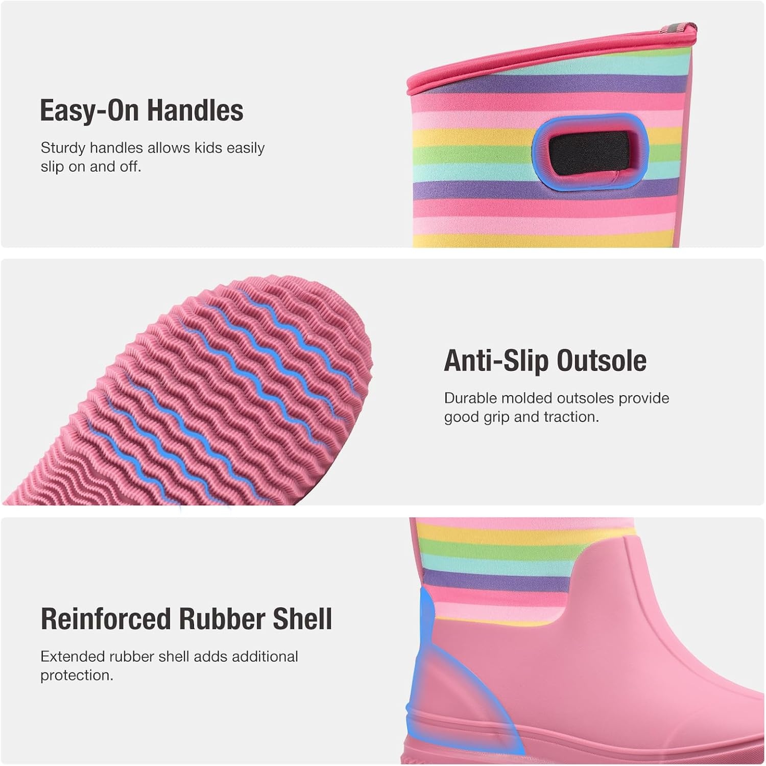 image:imageHISEA Kids Rain Boots for Boys Girls Waterproof Insulated Rubber Neoprene Boots Seamless Outdoor Boot with Handles Rainboots All Weather Mud Boots for Rain Water Snow and Winter Little KidBig KidRainbow Pink
